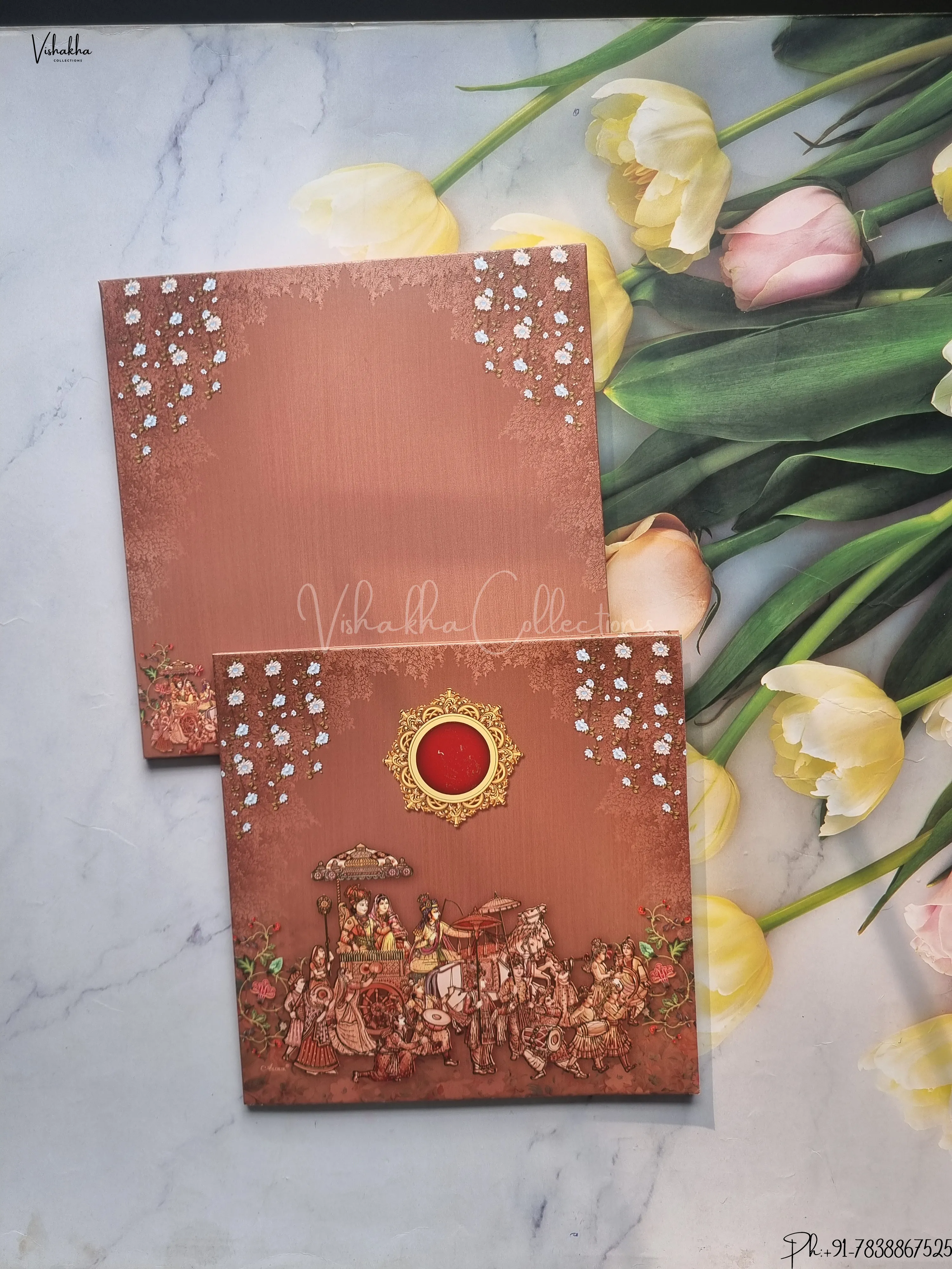 Barat Semi Box Flower Hindu Dark Brown Colored wedding invitation Cards GS-1094