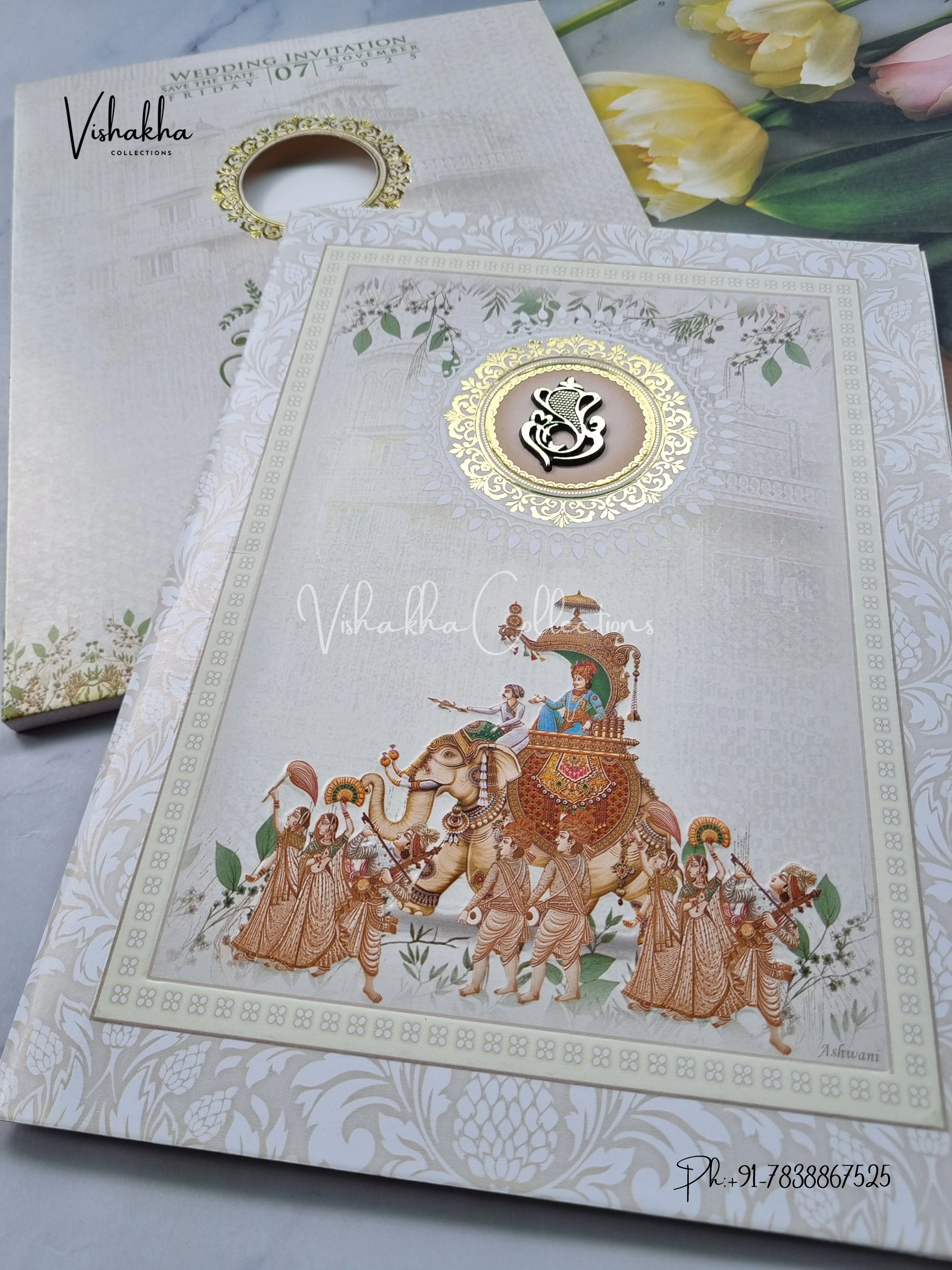 Barat Semi Box Hindu Cream Light Brown Colored invitation Cards NA-1125-146 - Image 2