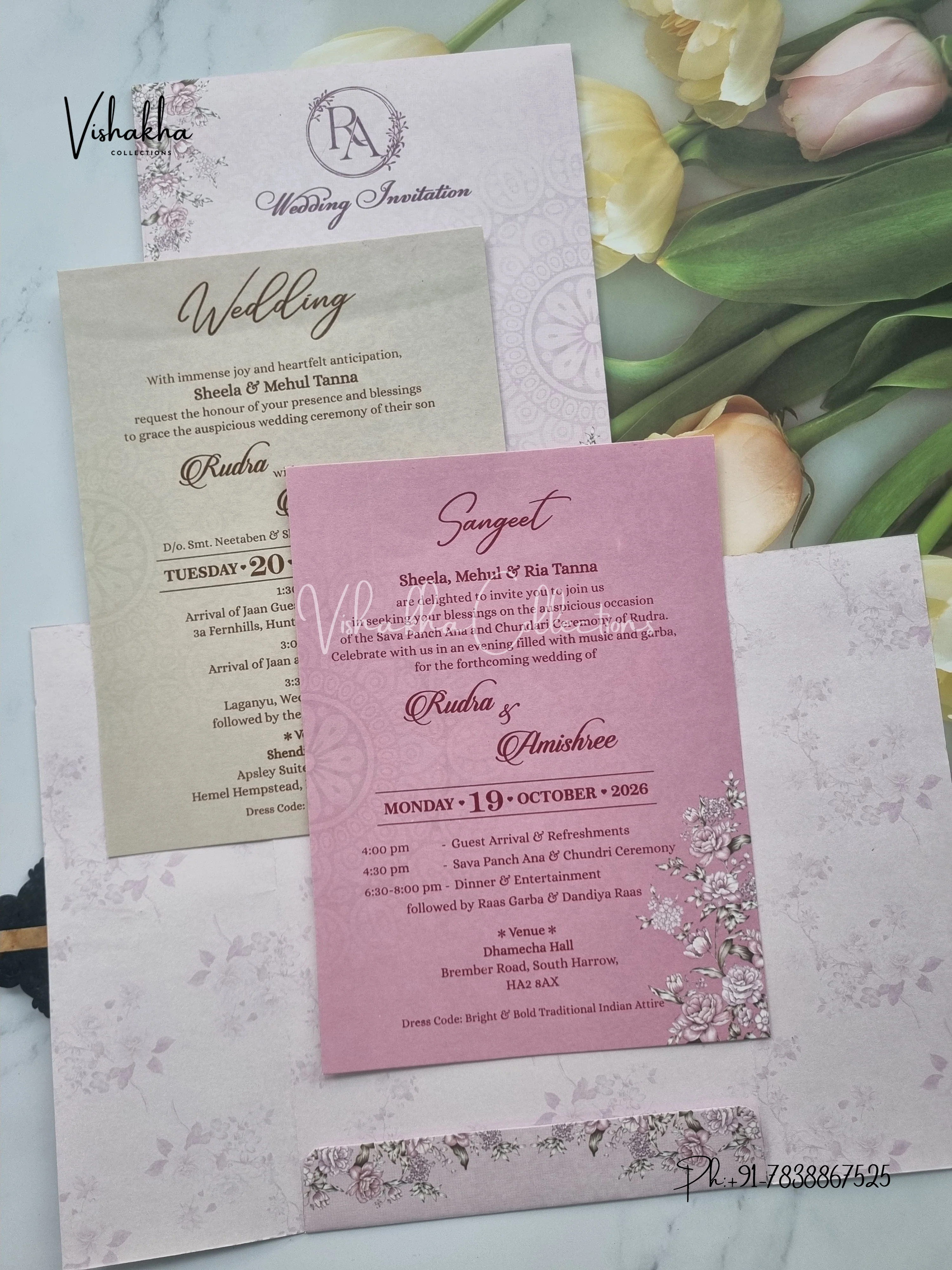 Flower Double Door Hindu Muslim Christian Sikh invitation Cards VN-678 - Image 3