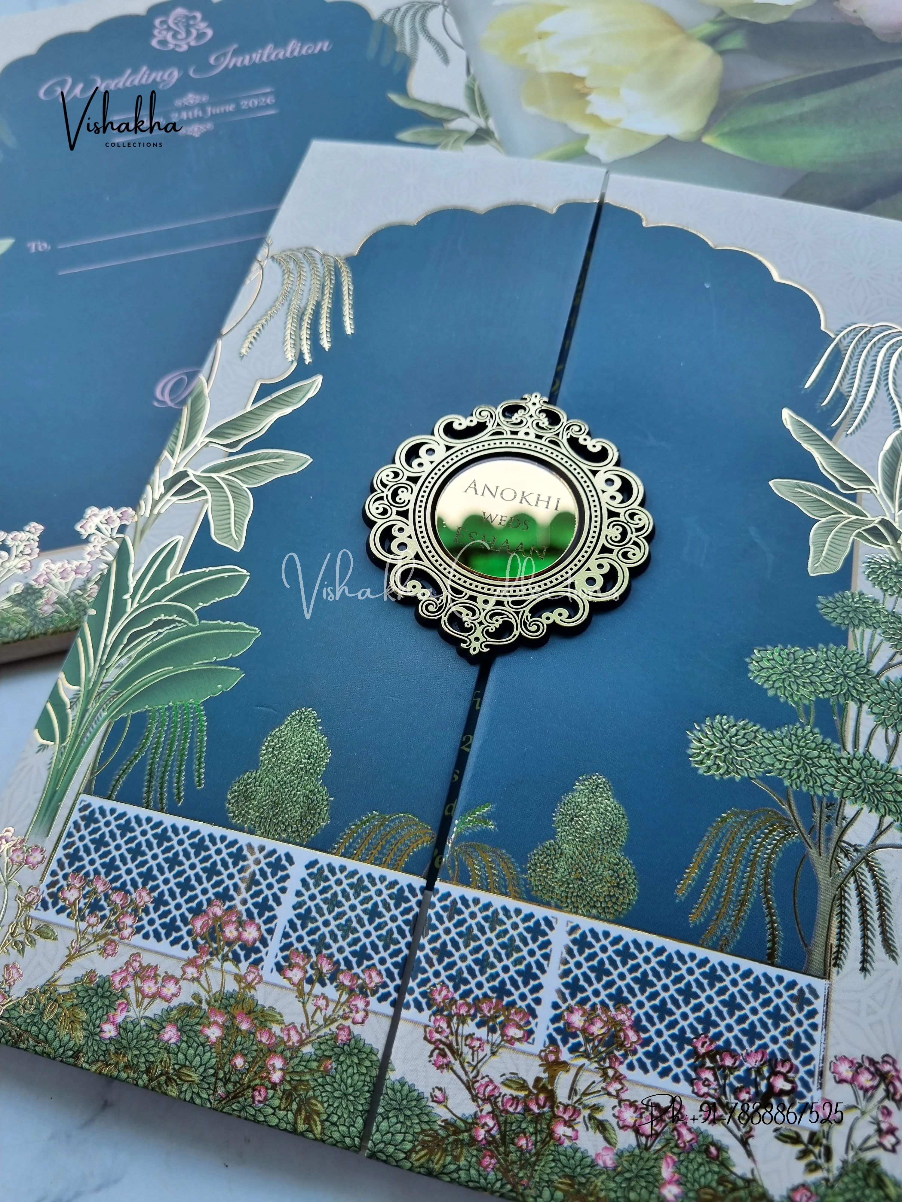Flower Double Door Hindu Muslim Christian Sikh Padded Colored invitation Cards CC-3676 - Image 2