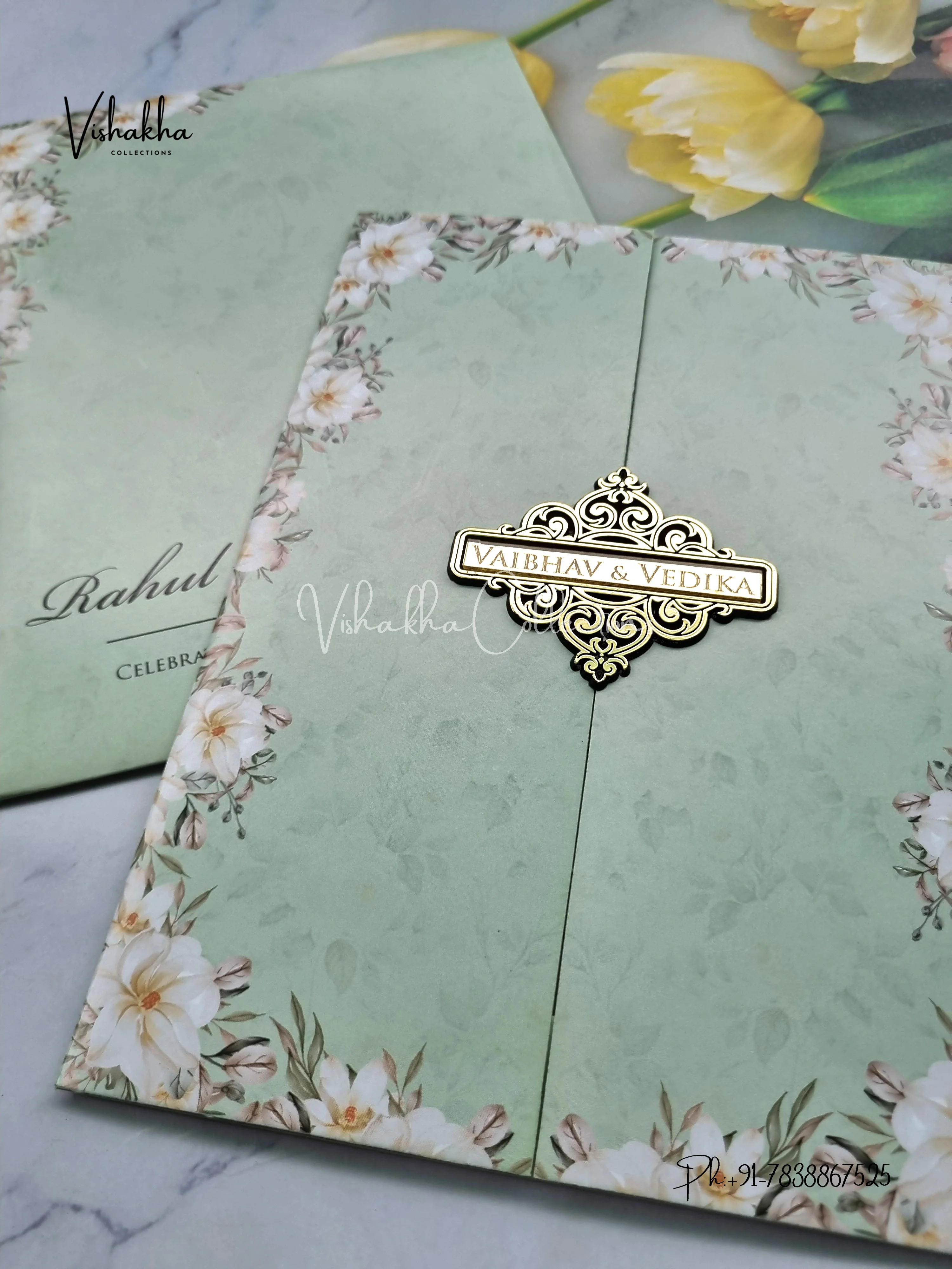 Flower Double Door Hindu Muslim Christian Sikh pista green Colored invitation Cards SK-3413 - Image 2