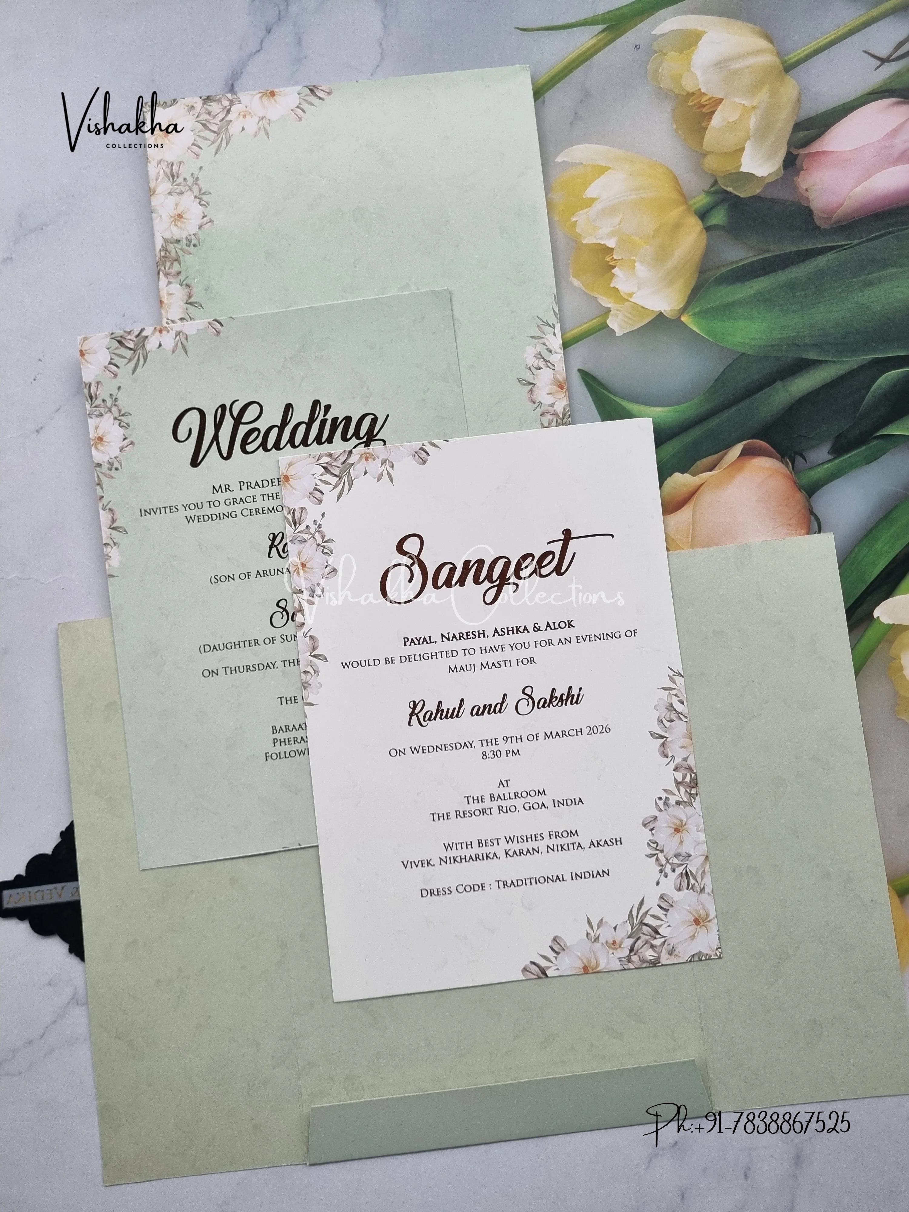 Flower Double Door Hindu Muslim Christian Sikh pista green Colored invitation Cards SK-3413 - Image 3