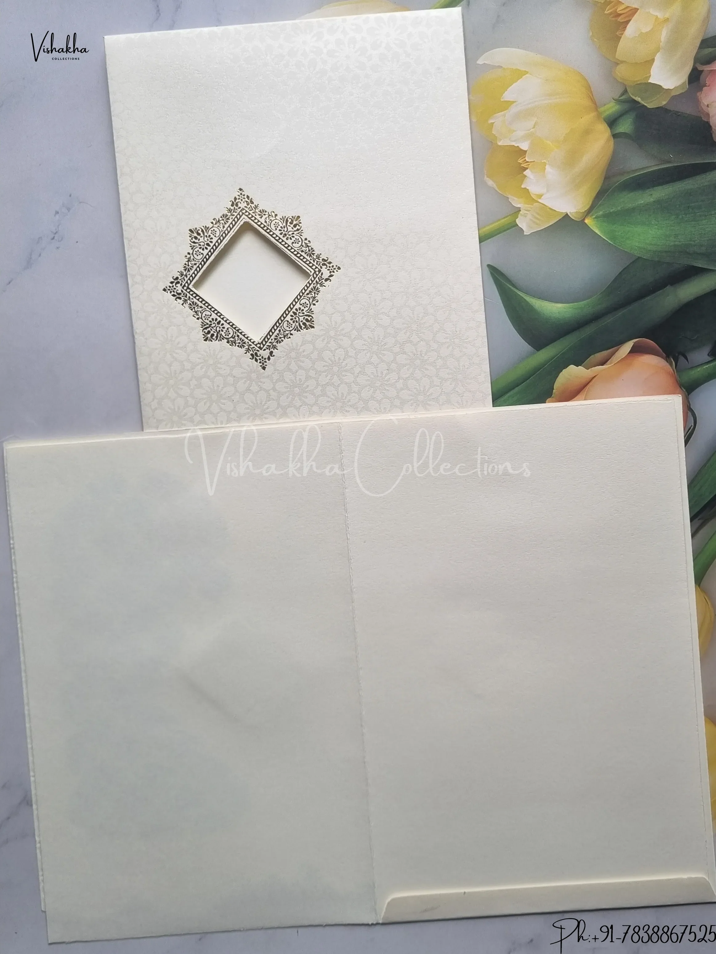 Flower Hindu Muslim Christian Jain Sikh Cream And Gold Colored wedding invitation Cards GS-126 - Image 2