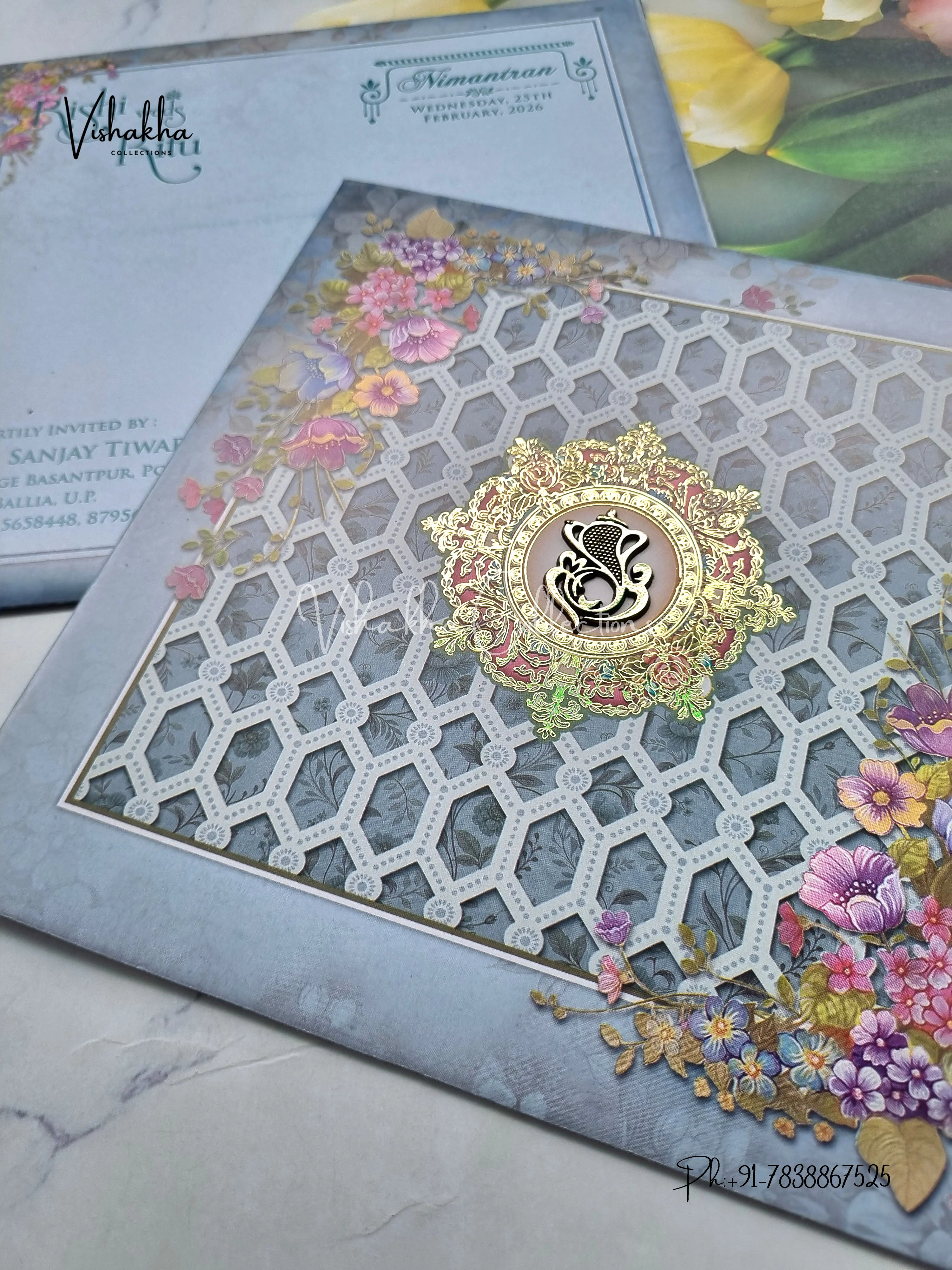 Flower Hindu Muslim Christian Sikh Blue Colored invitation Cards NA-1125-191 - Image 2
