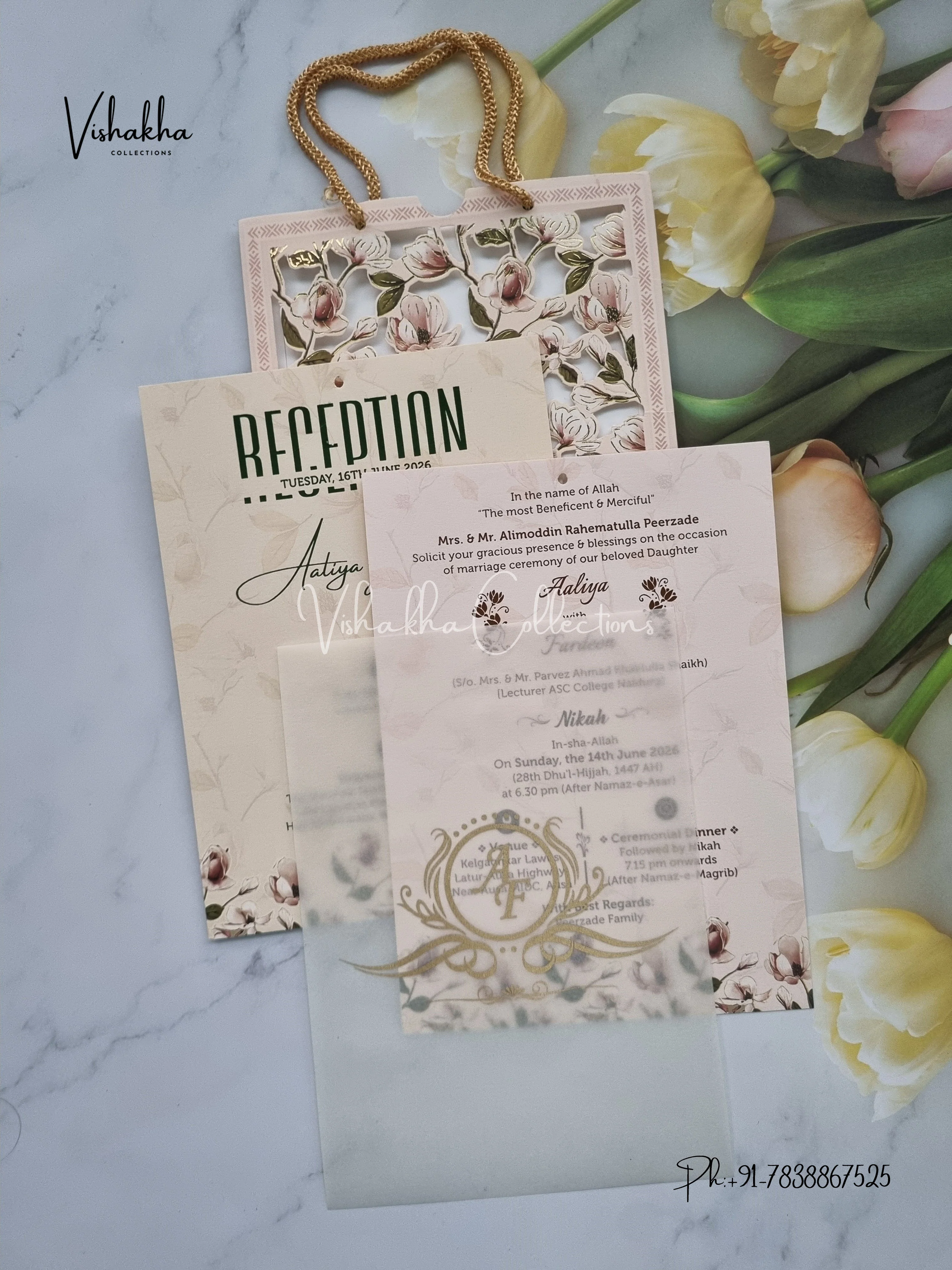 Flower Hindu Muslim Christian Sikh Laser Cut Carry Bag Vellum Paper invitation Cards VN-635 - Image 3