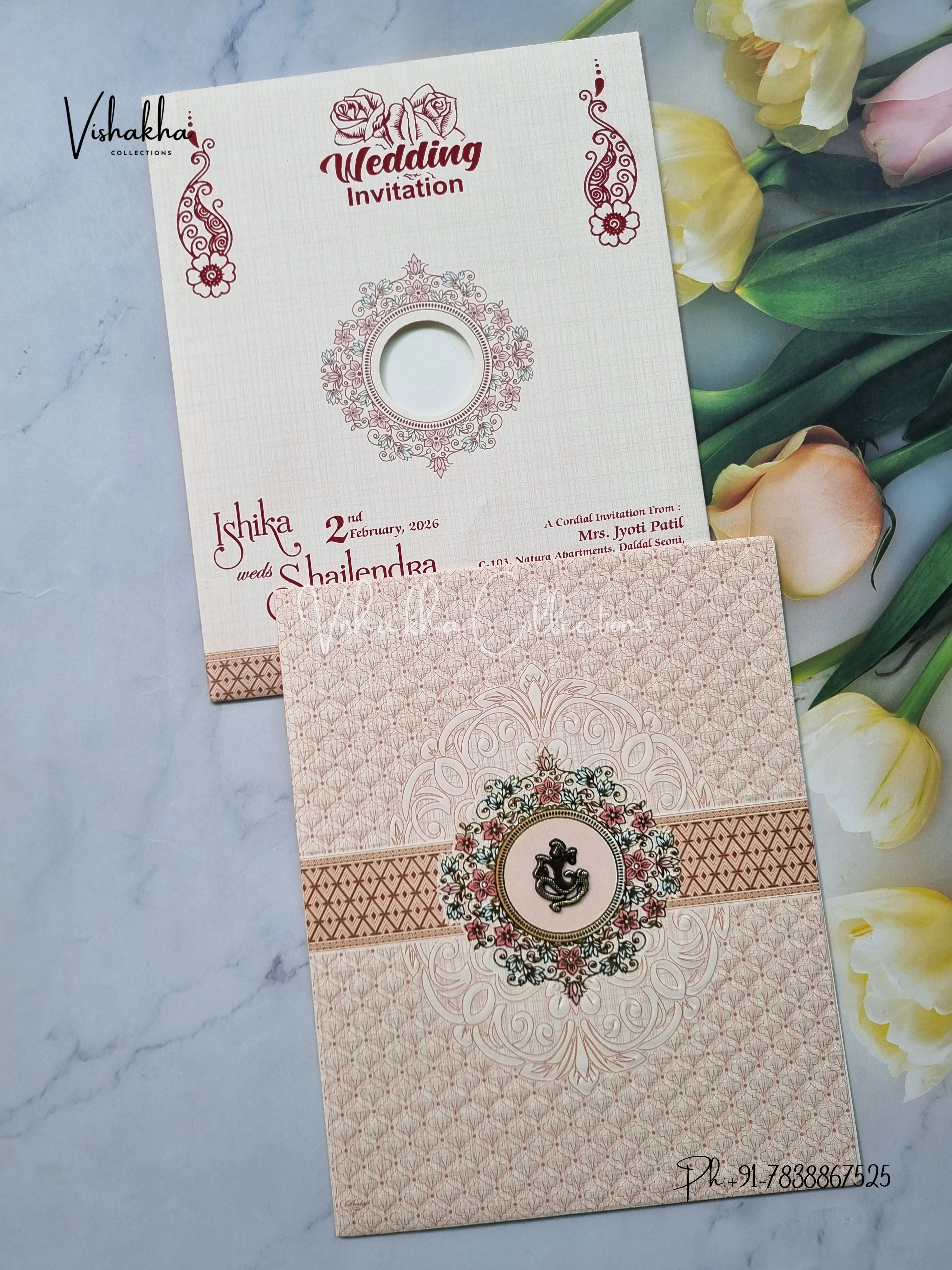 Flower Hindu Muslim Christian Sikh Light Brown Colored invitation Cards NA-1125-96