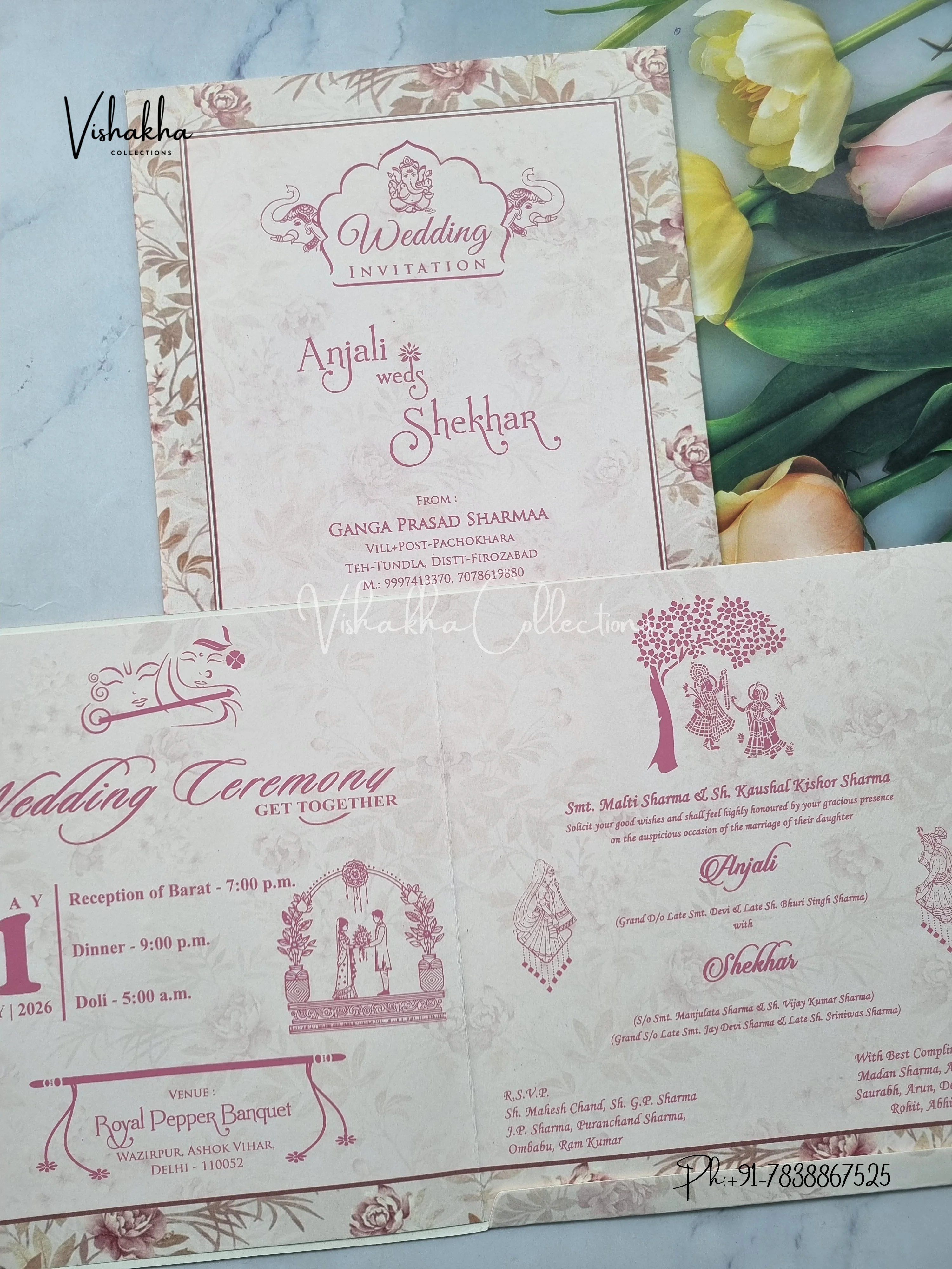 Flower Hindu Muslim Christian Sikh Peach Colored invitation Cards NA-1125-156 - Image 3