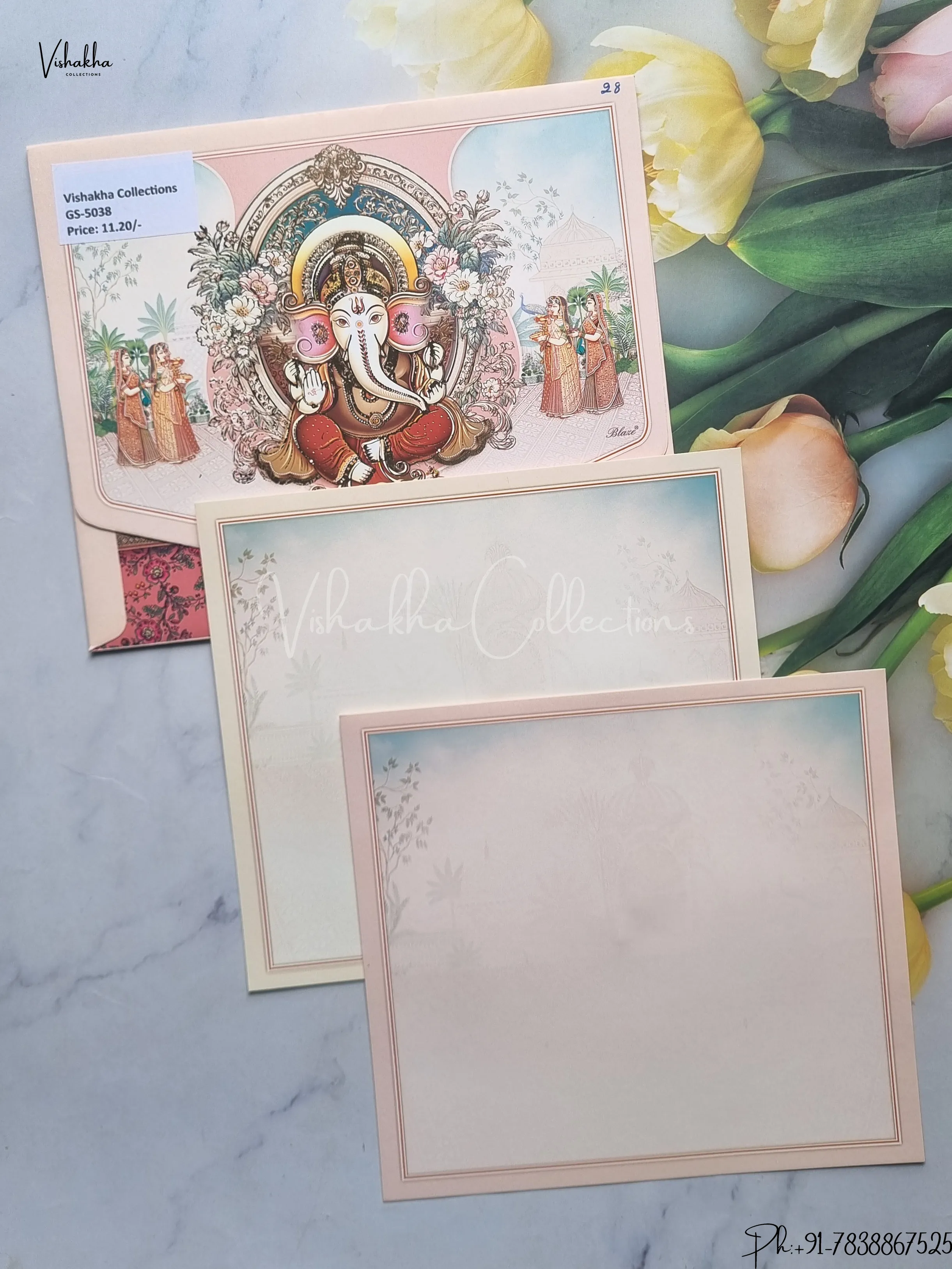 Ganesh Ji Hindu Peach With Multicolor Colored wedding invitation Cards GS-5038 - Image 2