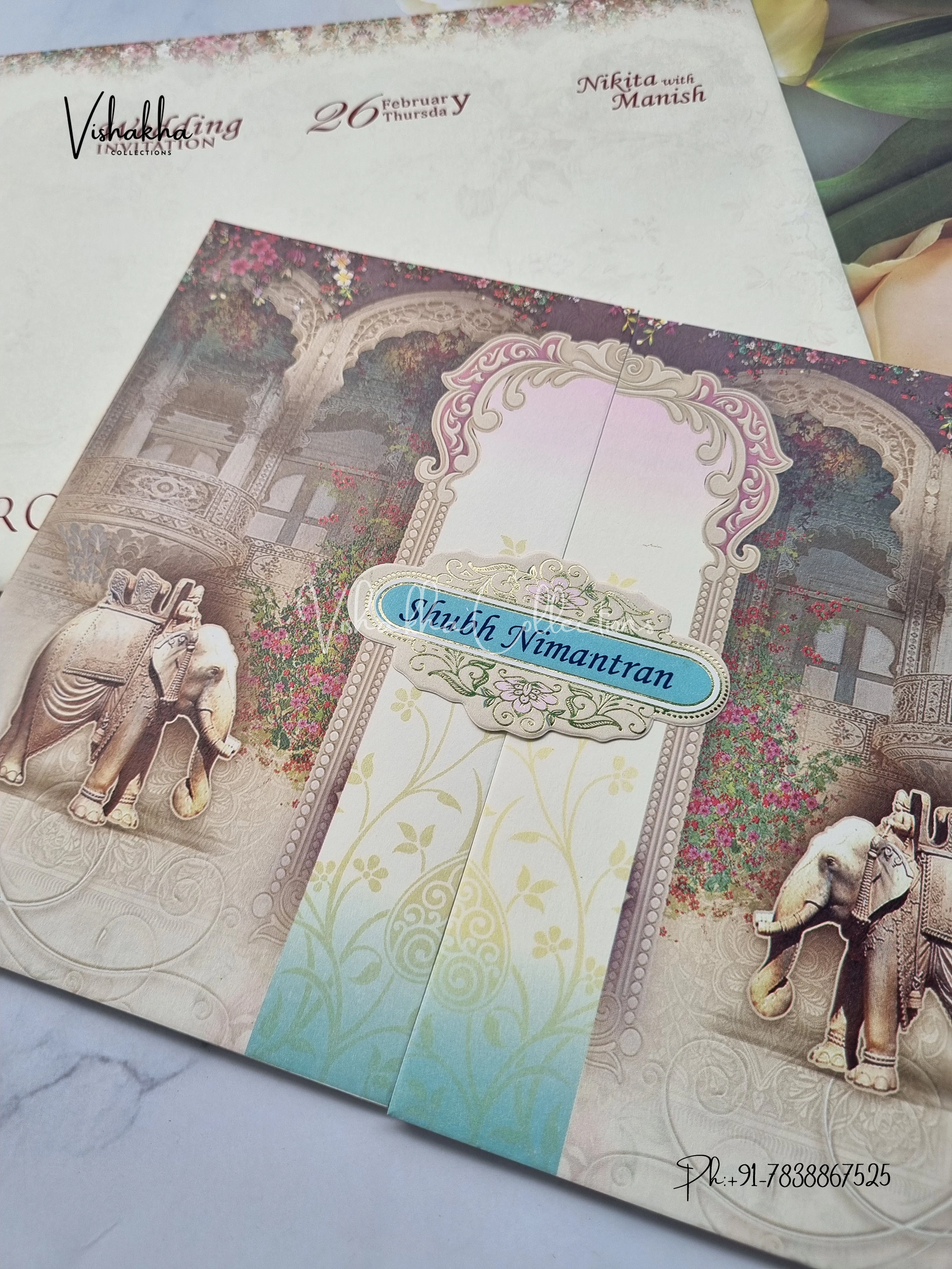 Hathi Double Door Hindu invitation Cards EJ-5093 - Image 2