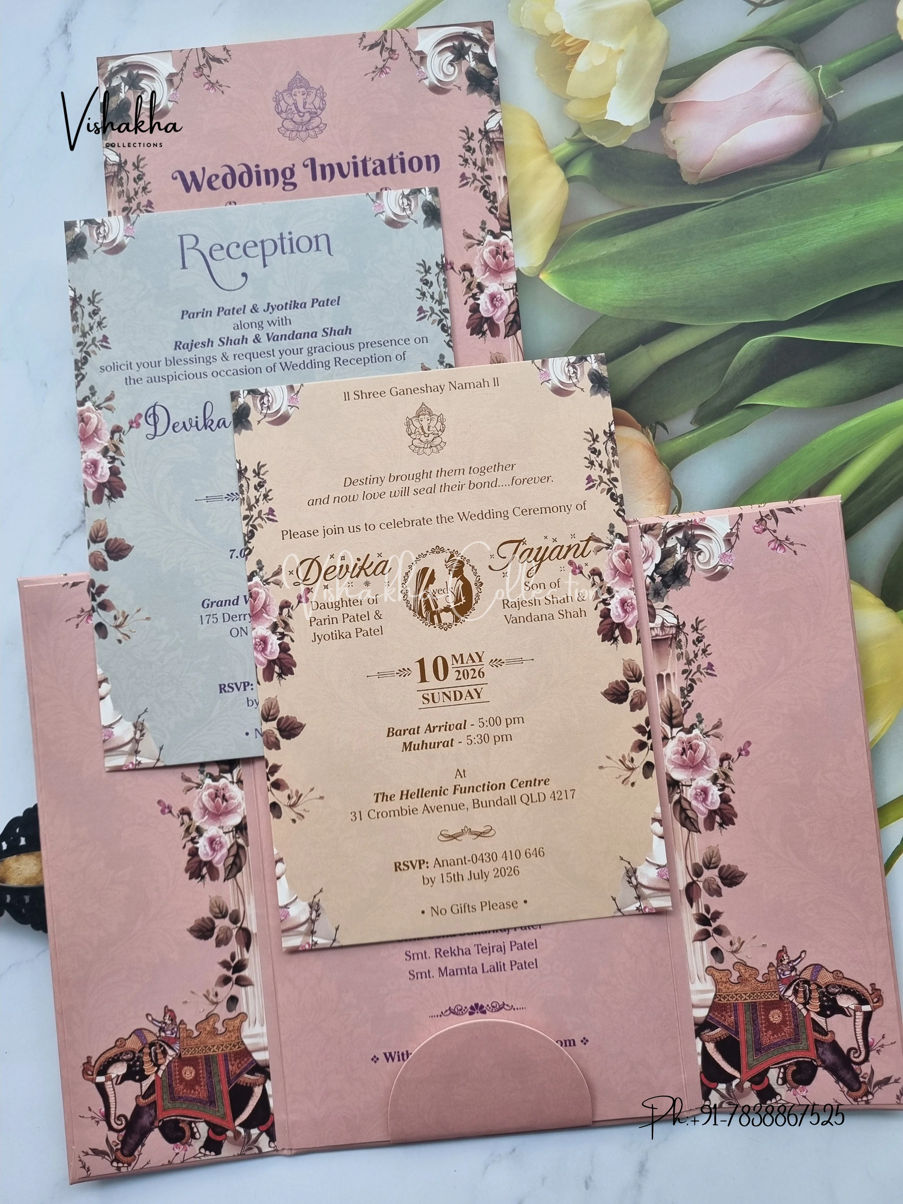Hathi Double Door Hindu Sikh Padded invitation Cards VN-743 - Image 3