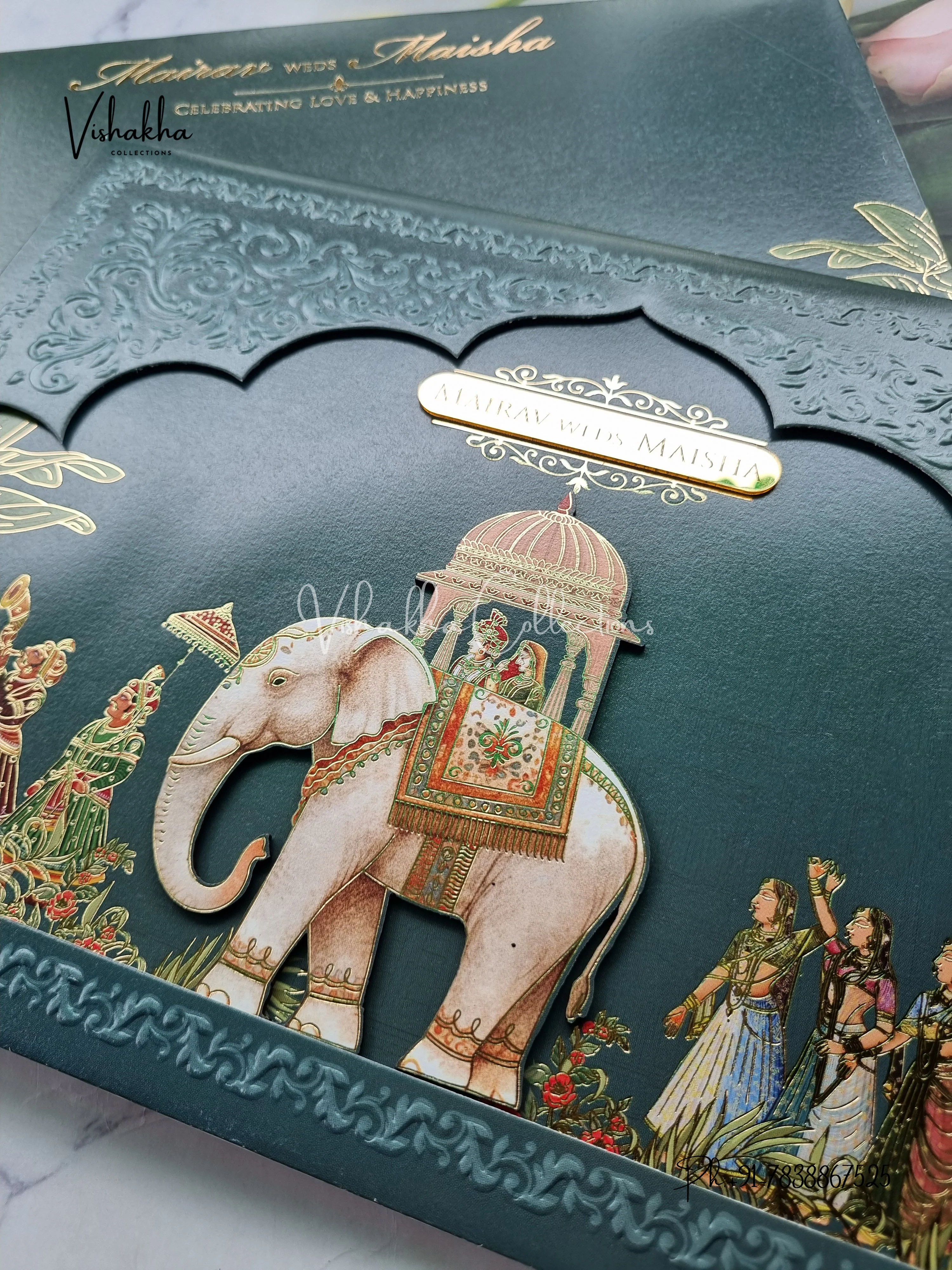 Hathi Hindu Muslim Christian Sikh Padded dark green Colored invitation Cards SK-3466 - Image 2
