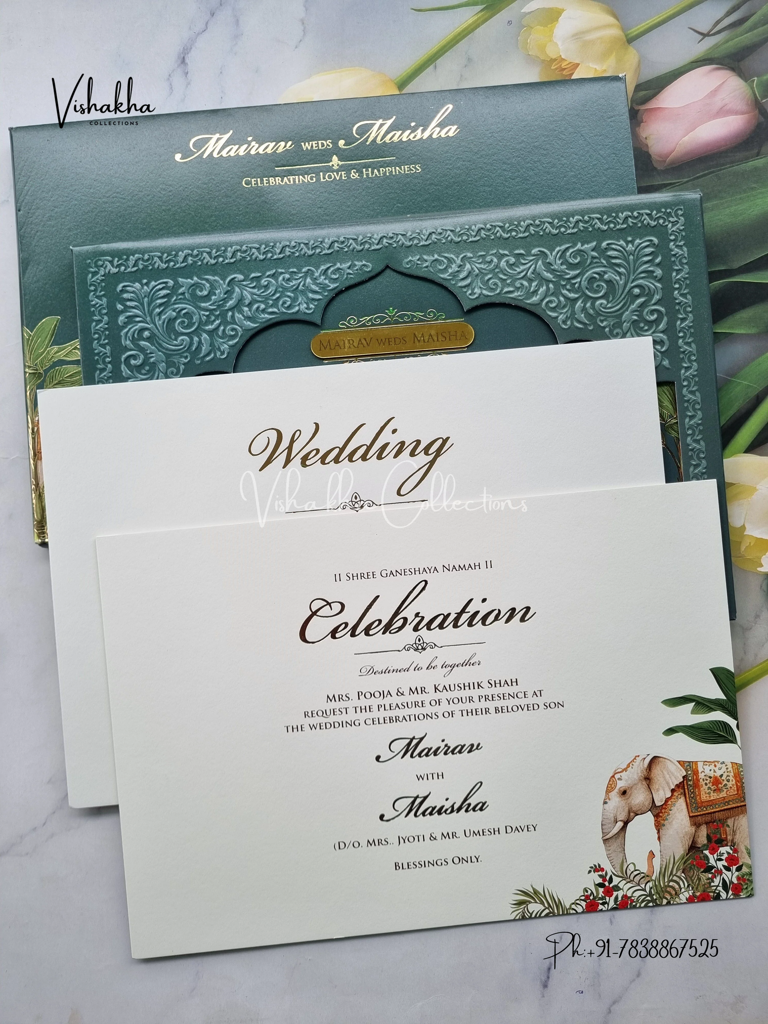 Hathi Hindu Muslim Christian Sikh Padded dark green Colored invitation Cards SK-3466 - Image 3