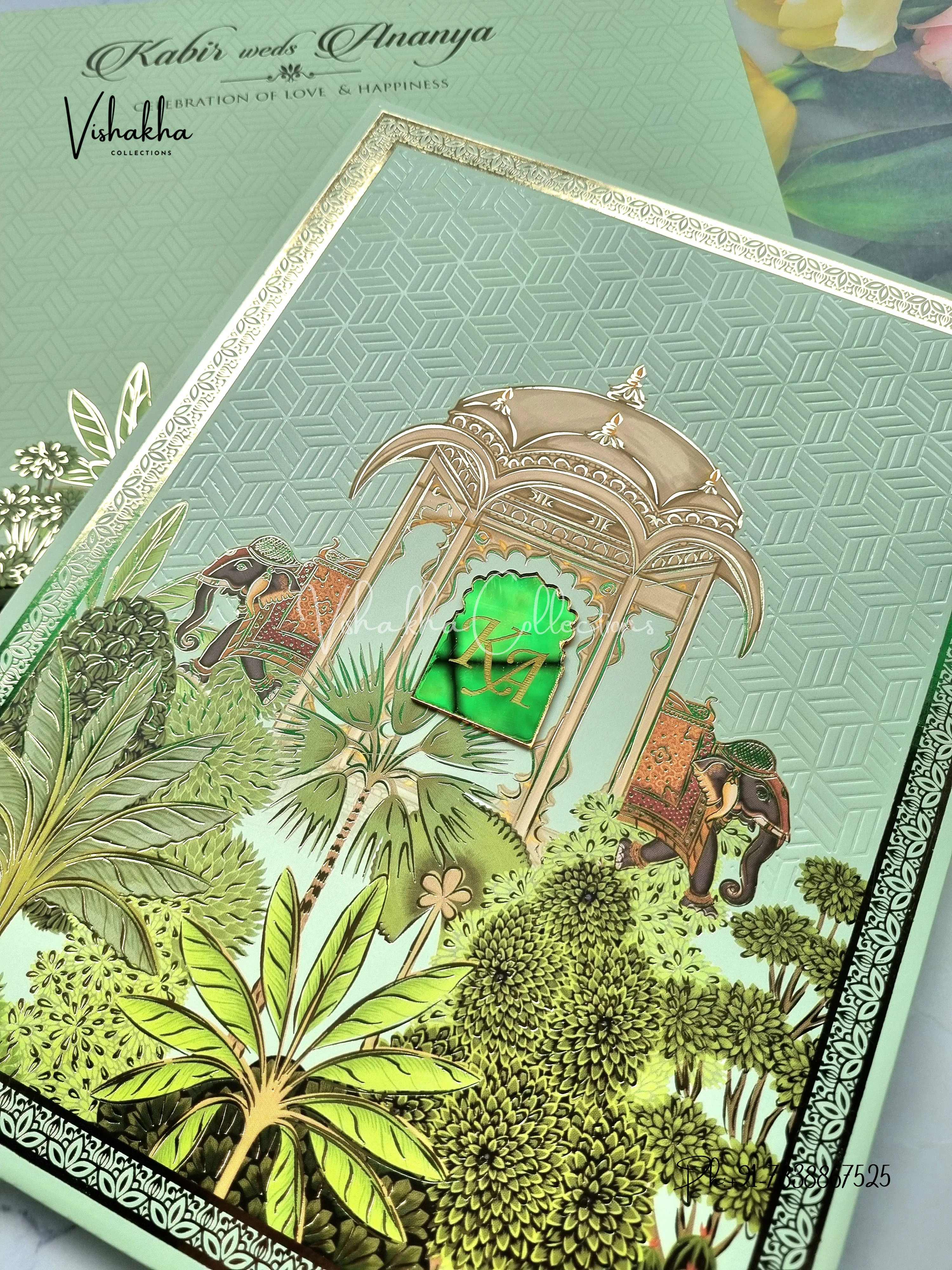 Hathi Hindu Muslim Christian Sikh Padded light green Colored invitation Cards SK-3277 - Image 2
