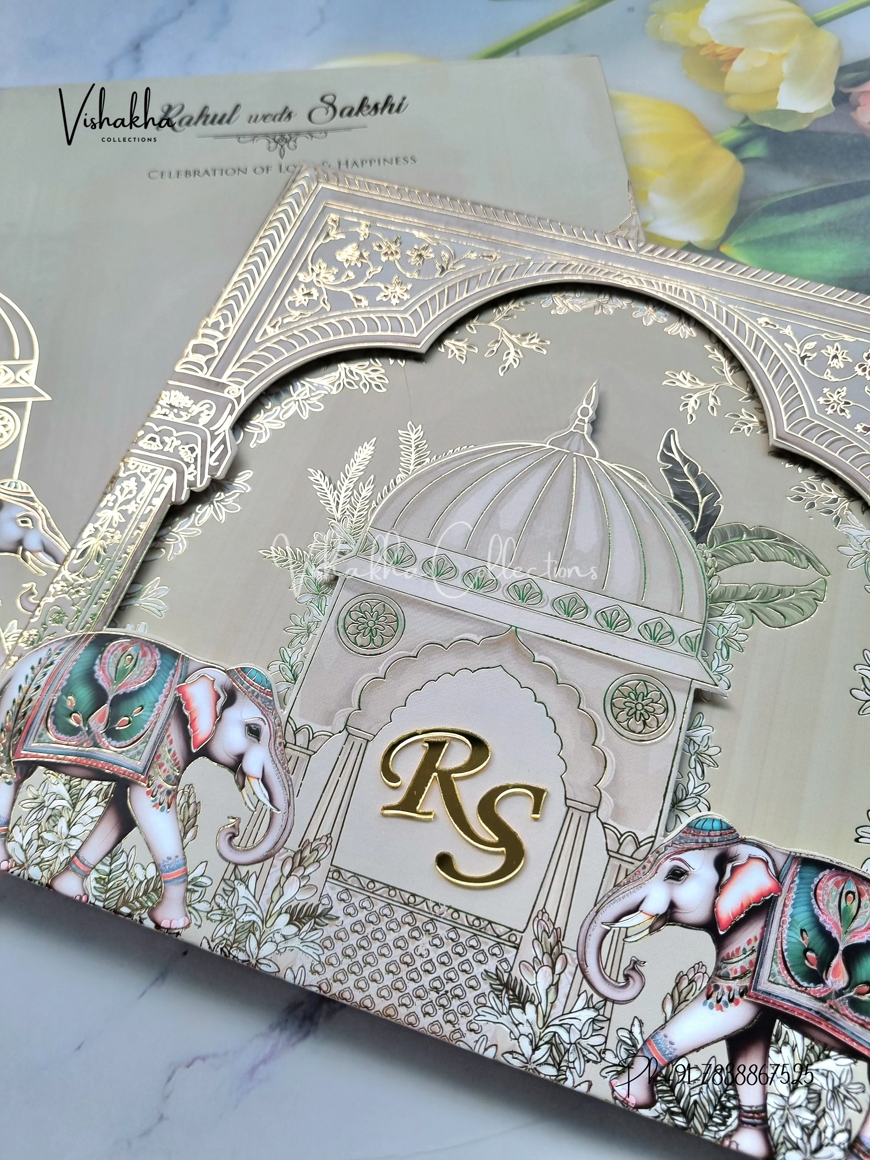Hathi Hindu Muslim Christian Sikh Padded light mehndi green Colored invitation Cards SK-3525 - Image 2