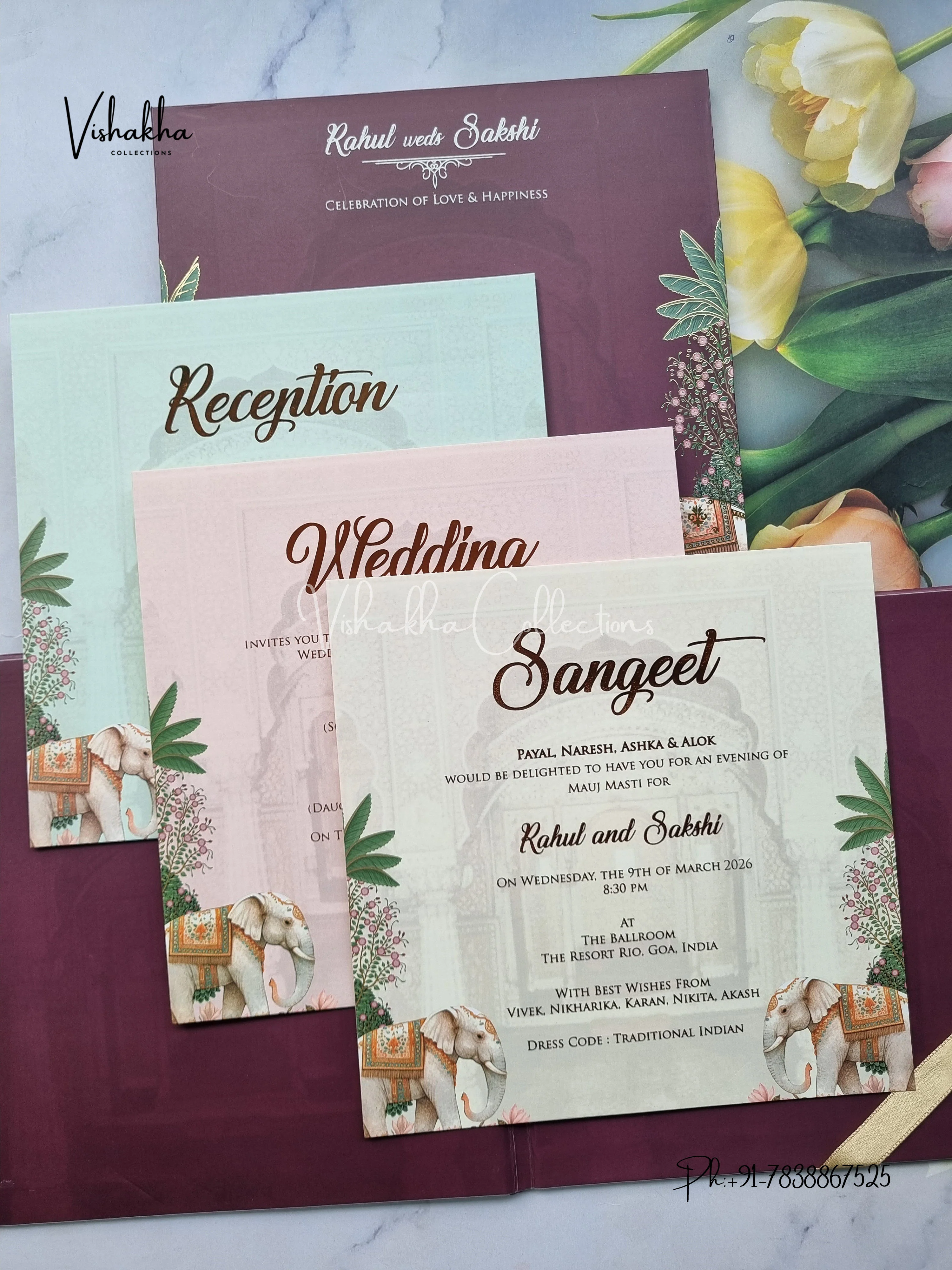 Hathi Hindu Muslim Christian Sikh Padded MDF Board Laser Cut dark mehroon Colored invitation Cards SK-3524 - Image 3