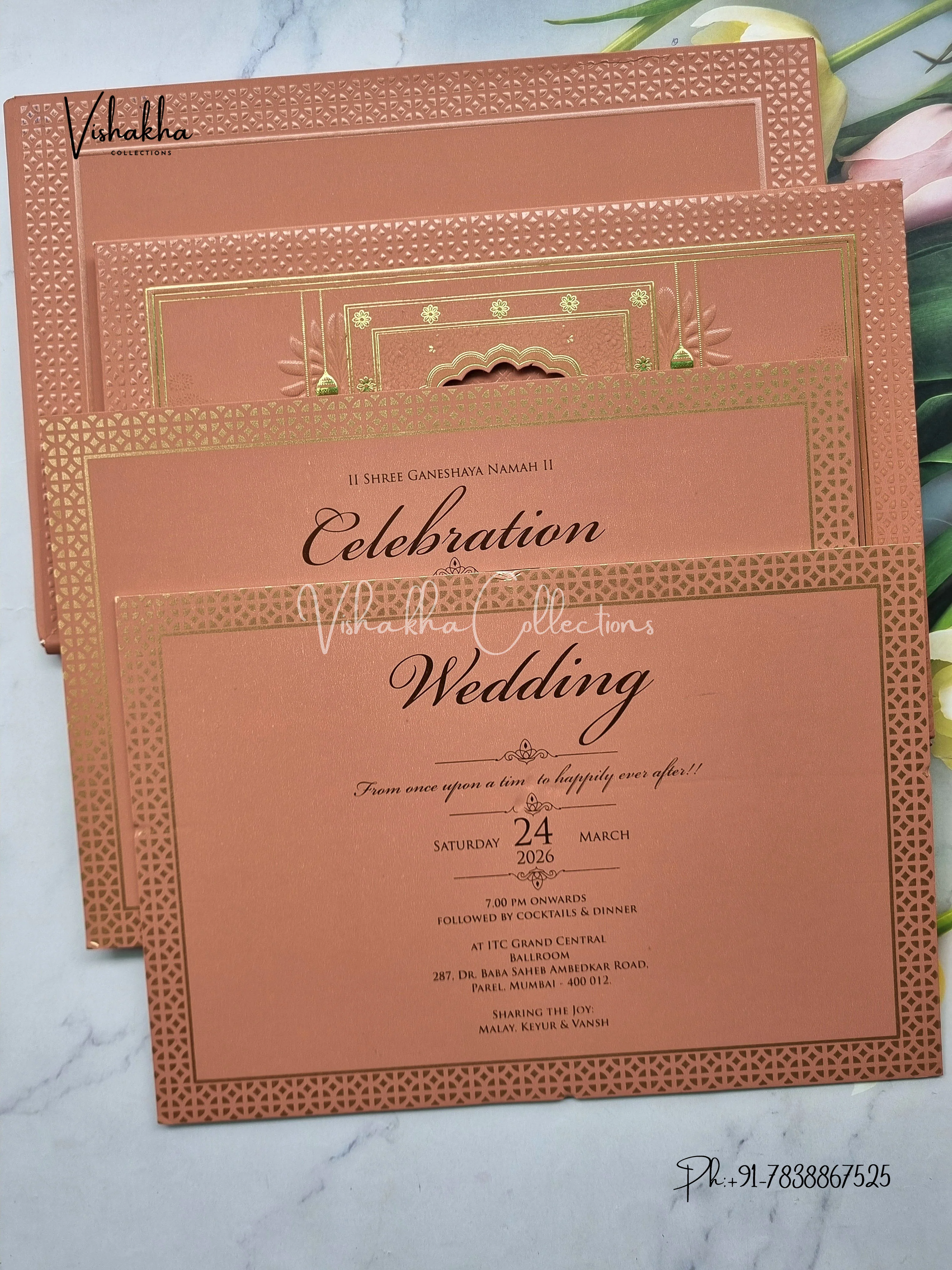Hathi Hindu Muslim Christian Sikh Padded MDF Board Laser Cut muddy pink Colored invitation Cards SK-3539 - Image 3