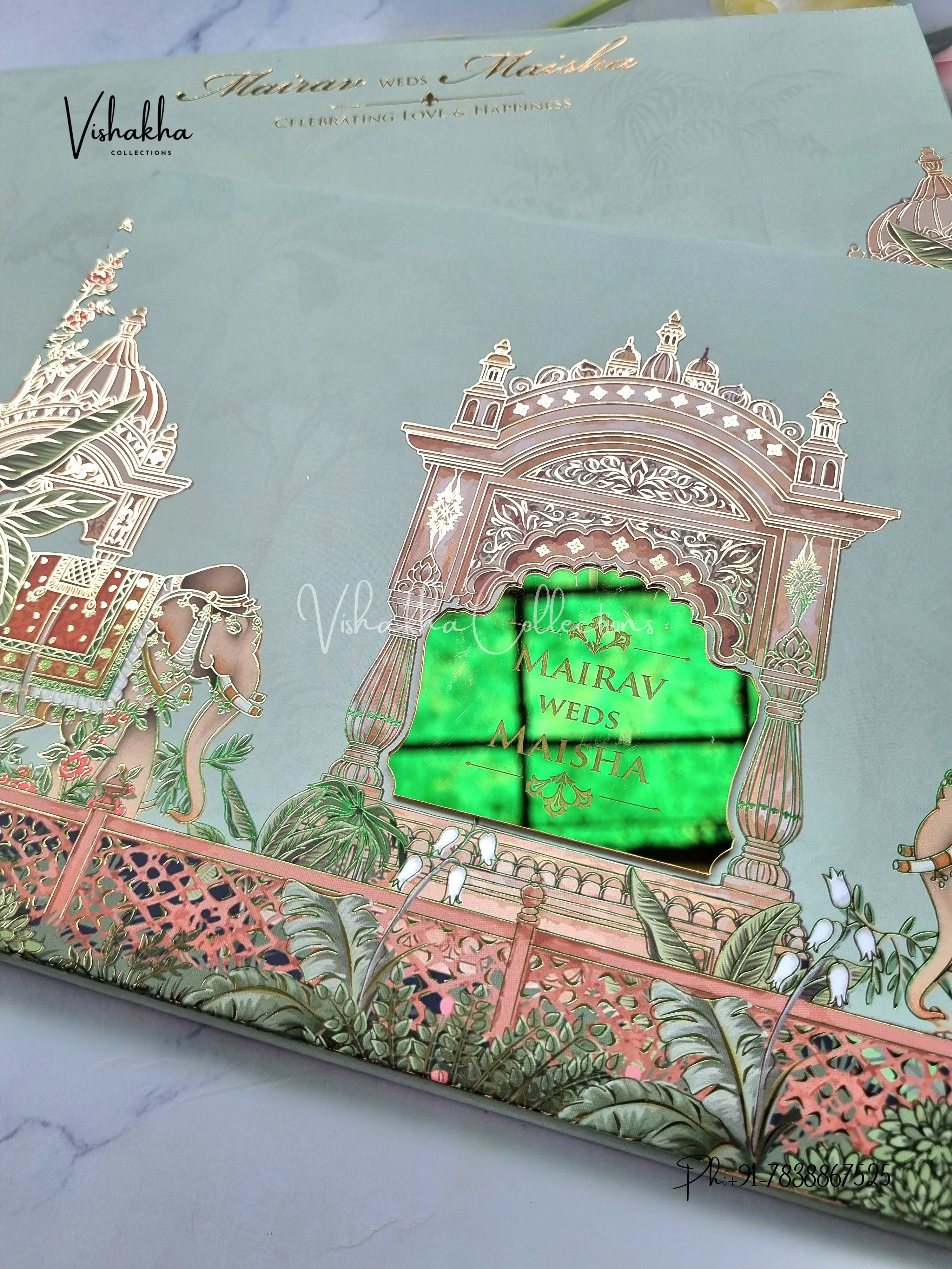 Hathi Hindu Muslim Christian Sikh Padded pista green Colored invitation Cards SK-3455 - Image 2