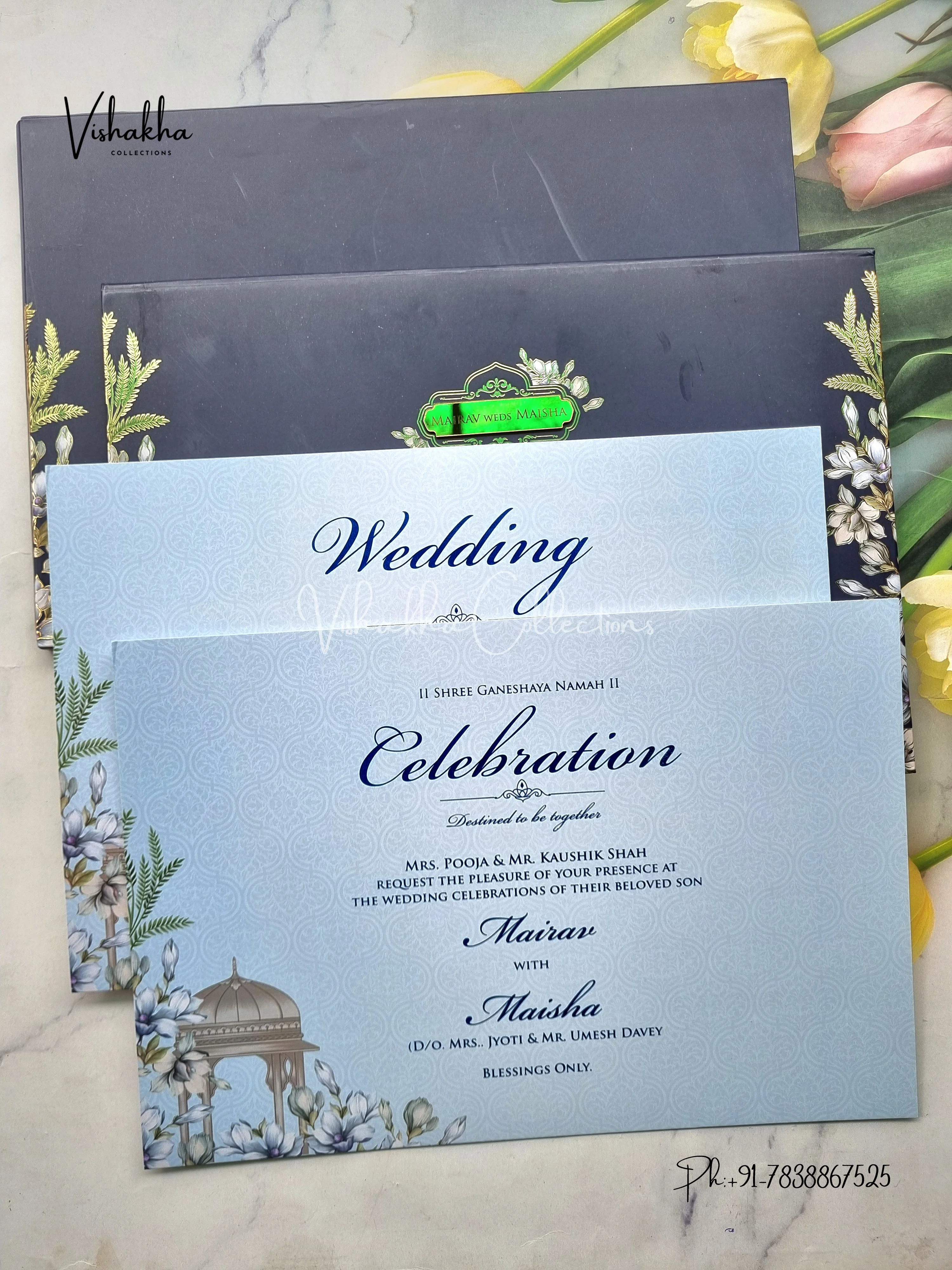 Hindu Muslim Christian Sikh Padded dark blue Colored invitation Cards SK-3457 - Image 3