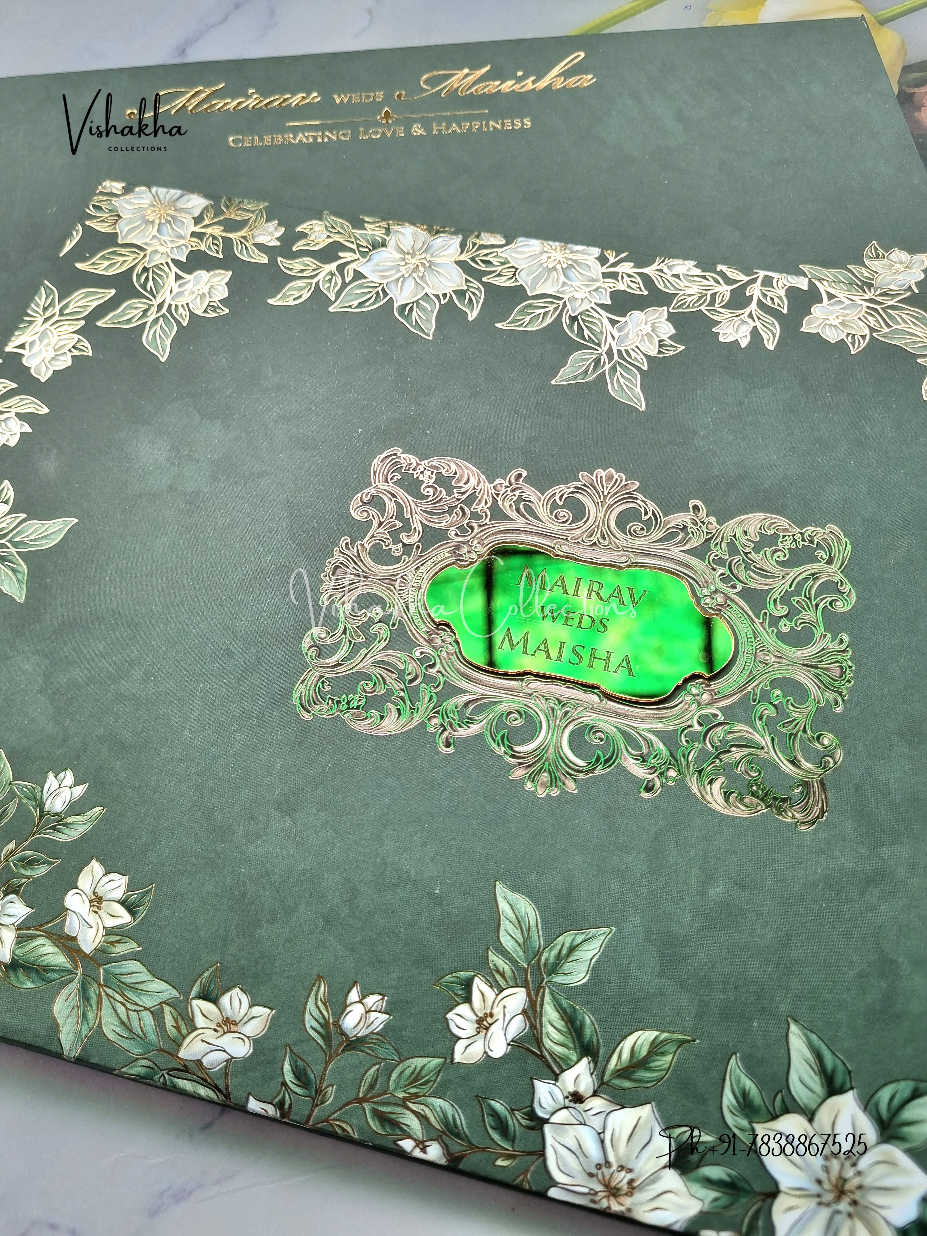 Hindu Muslim Christian Sikh Padded dark green Colored invitation Cards SK-3456 - Image 2