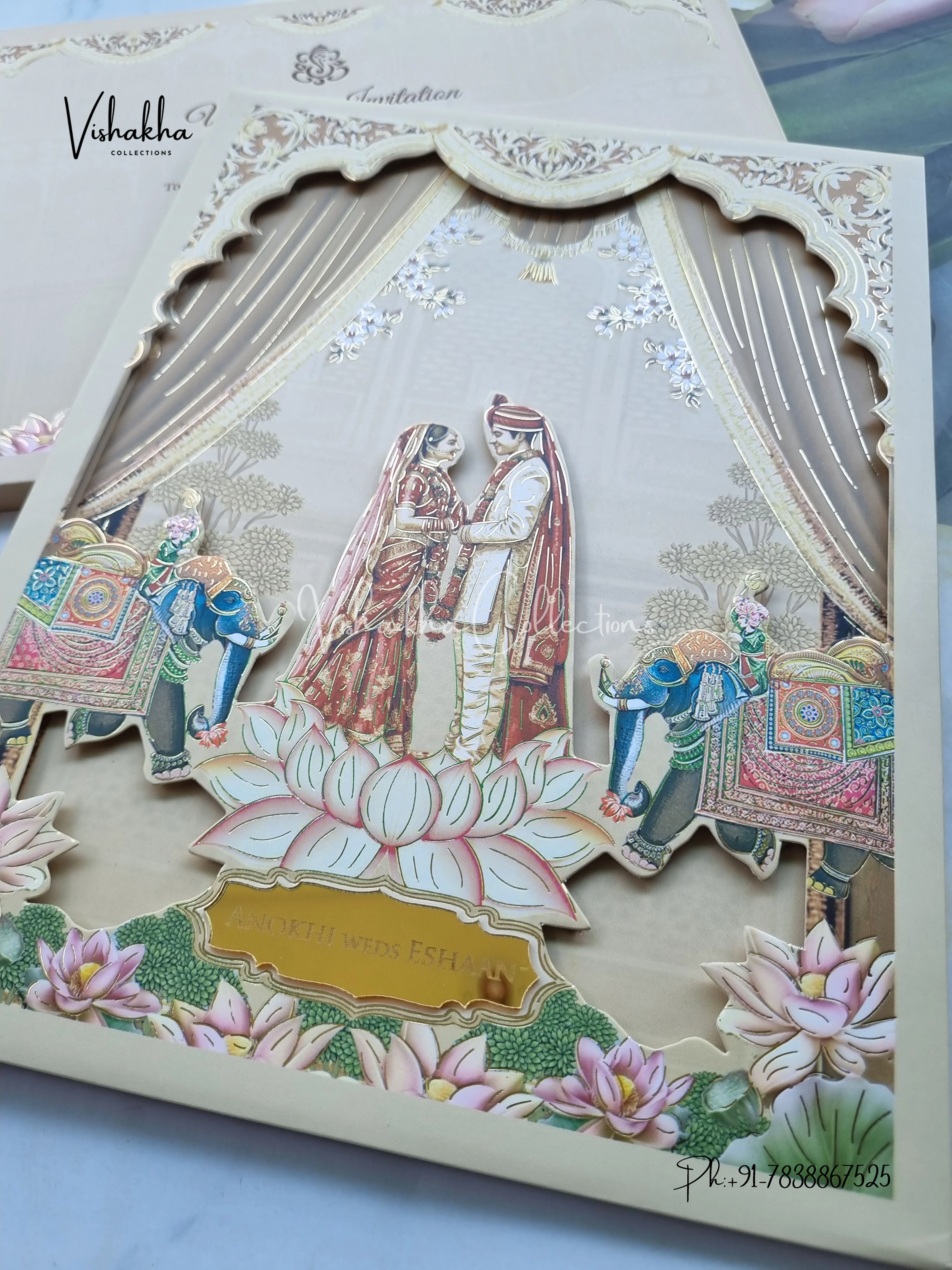 Lotus Hathi Dulah Dulhan Hindu Sikh Padded Colored invitation Cards CC-3686 - Image 2