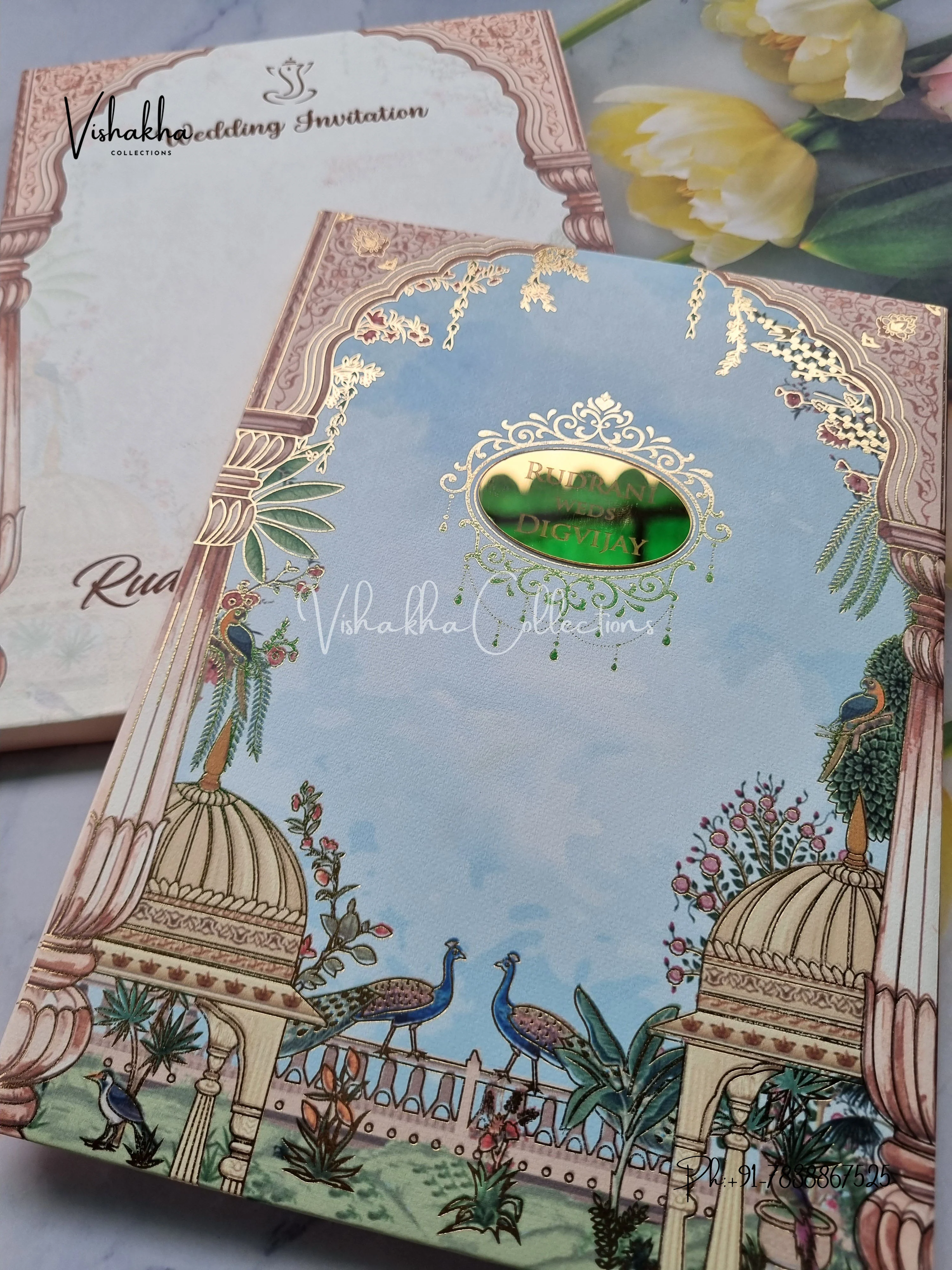 Peacock Flower Hindu Muslim Christian Sikh Padded Colored invitation Cards LN-841 - Image 2