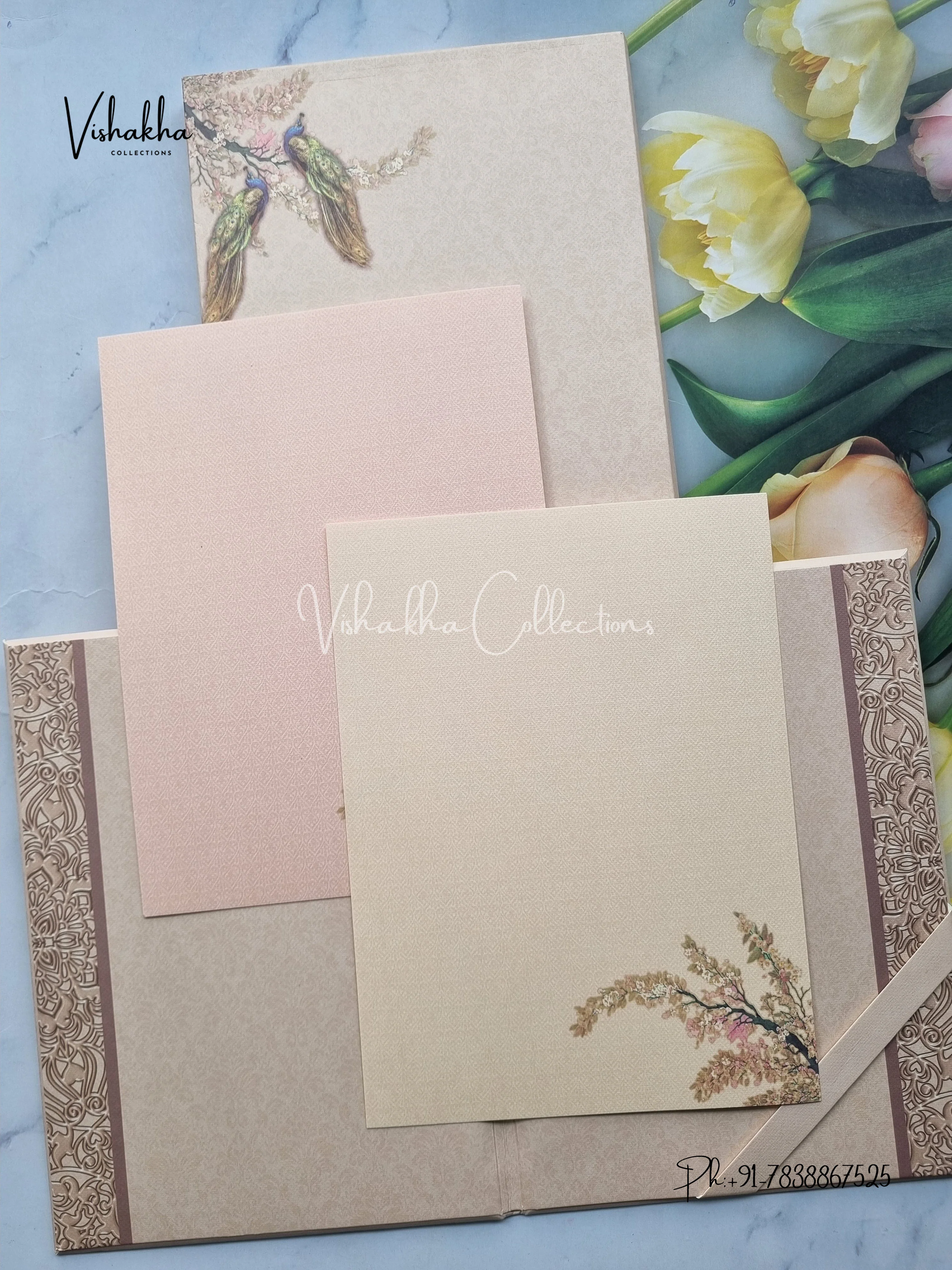 Peacock Flower Hindu Sikh Padded Colored invitation Cards LN-844 - Image 3