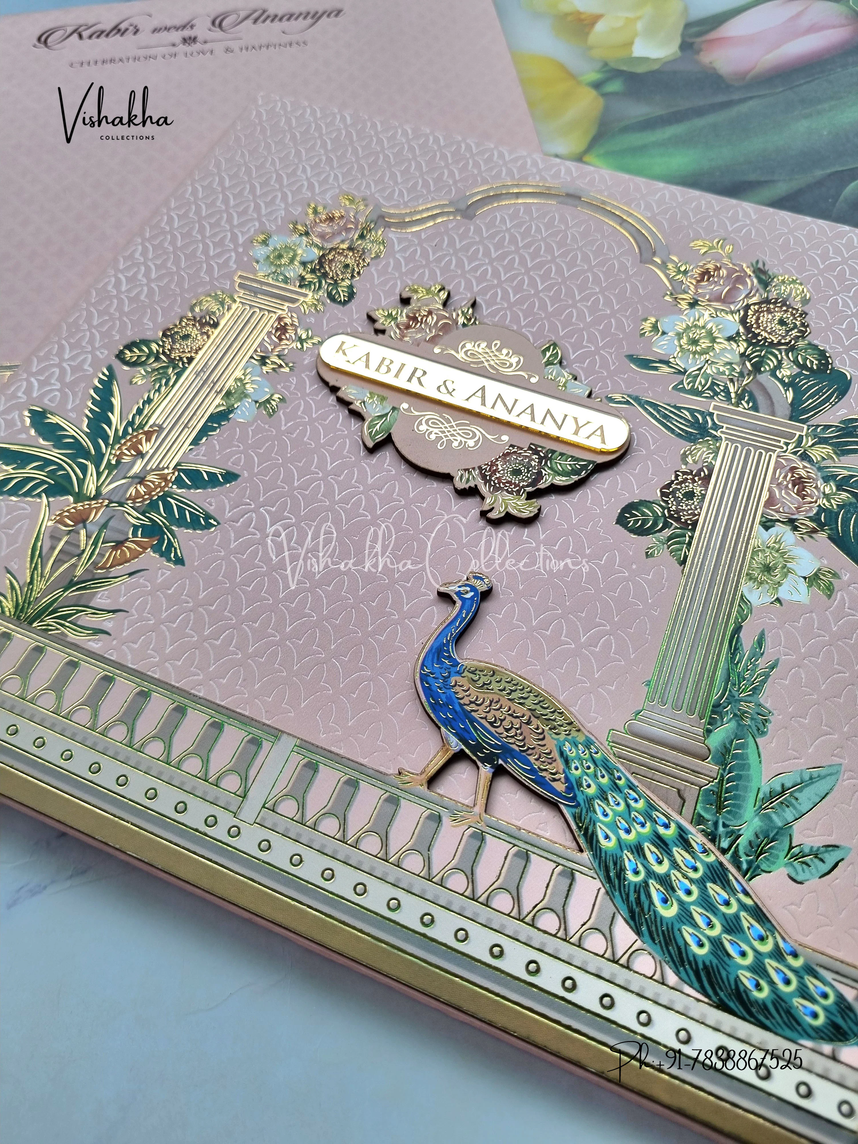 Peacock Hindu Muslim Christian Jain Sikh Padded MDF Board Laser Cut peach Colored invitation Cards SK-3401 - Image 2