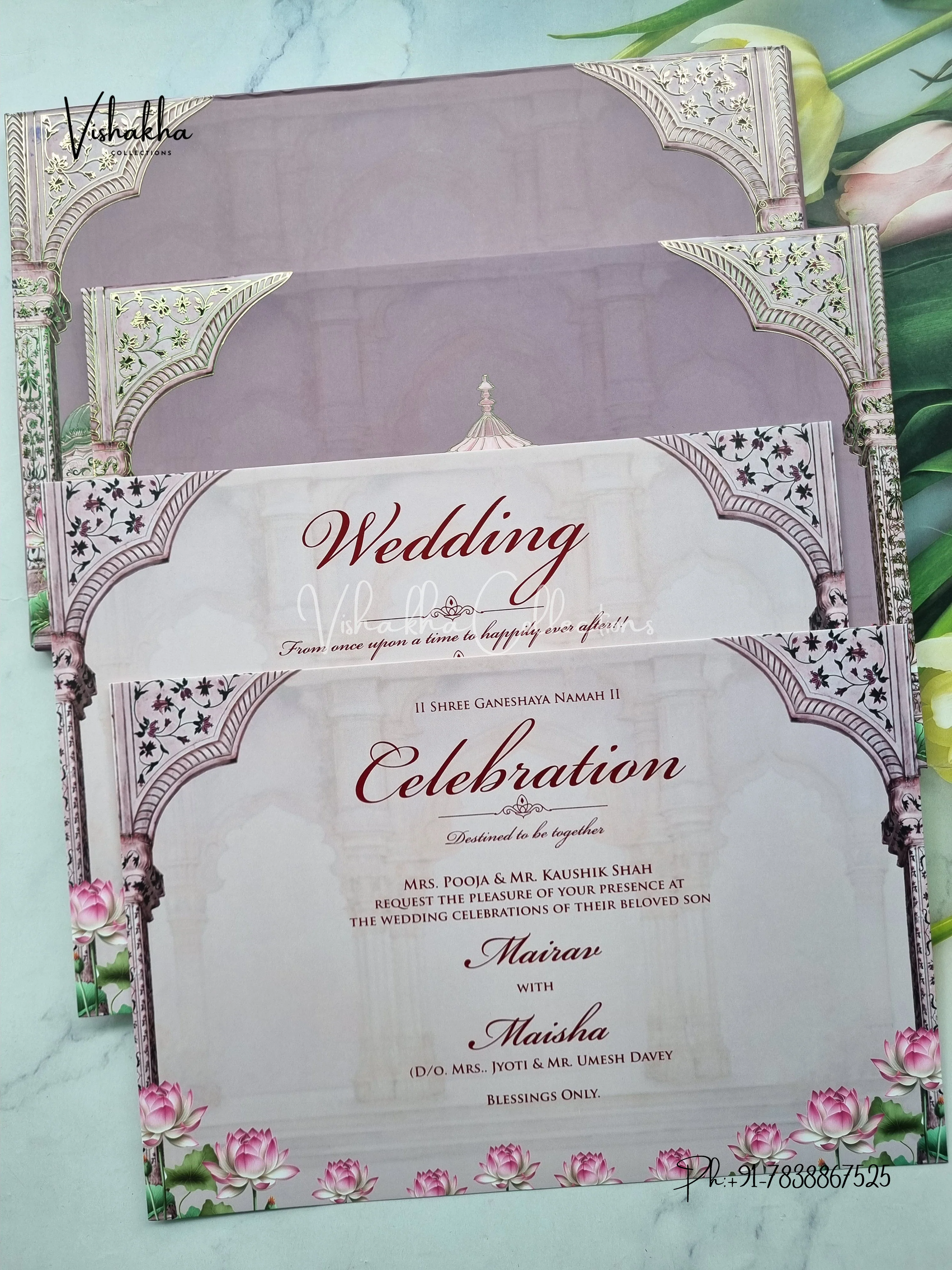 Peacock Hindu Muslim Christian Sikh Padded liliac Colored invitation Cards SK-3454 - Image 3