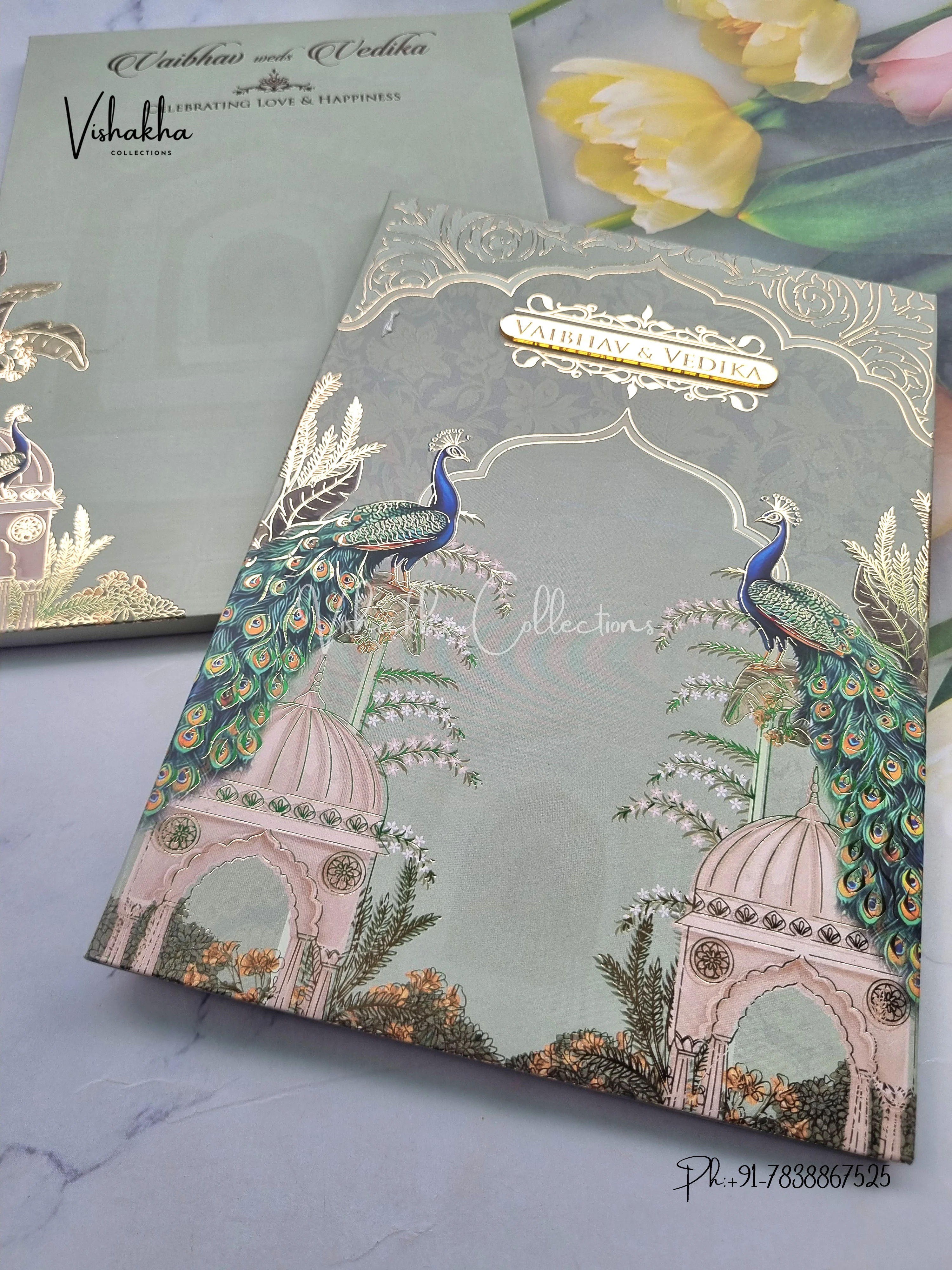 Peacock Semi Box Flower Hindu Muslim Christian Sikh green Colored invitation Cards SK-3514 - Image 2