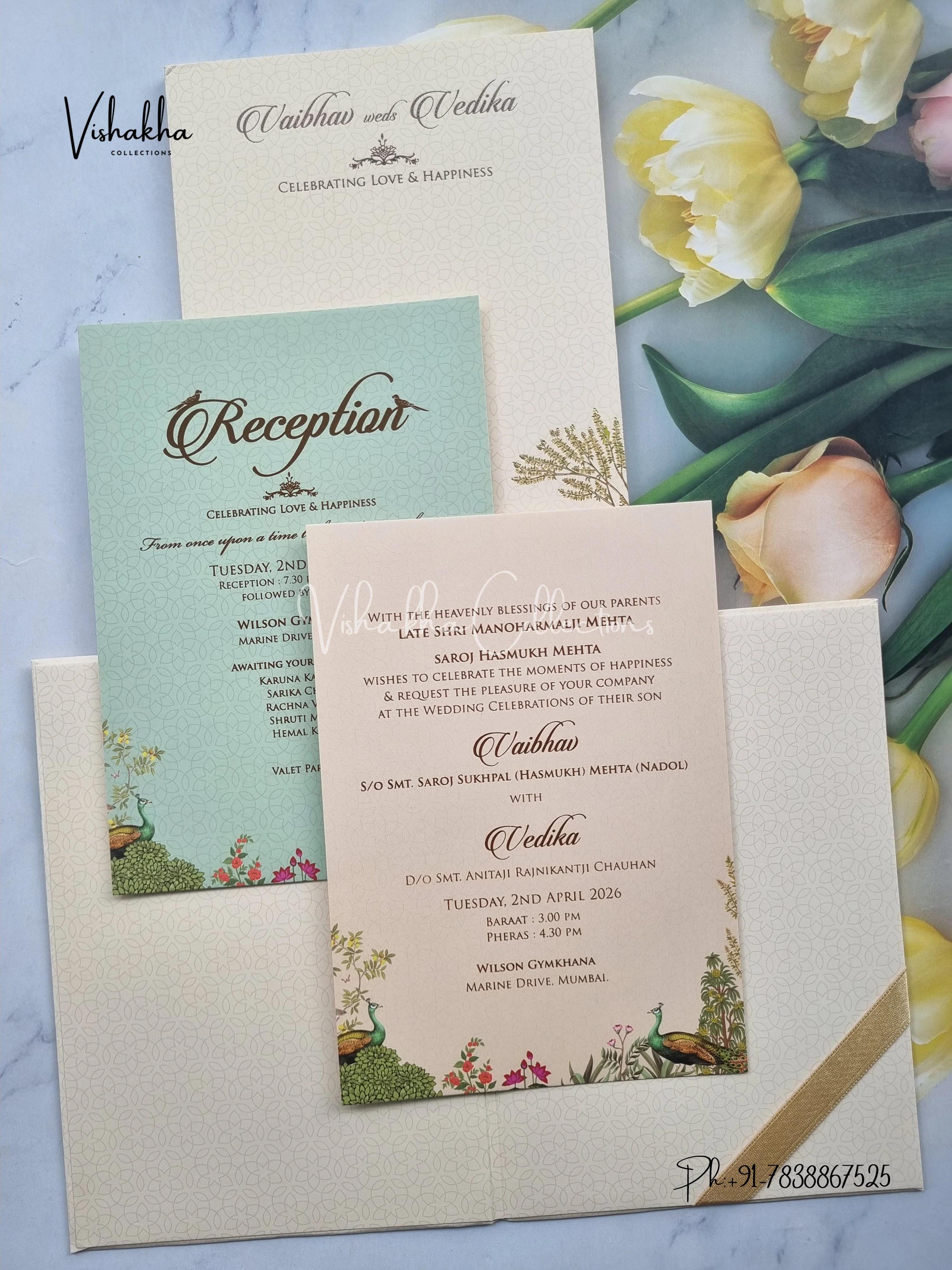 Peacock Semi Box Flower Hindu Muslim Christian Sikh yellow Colored invitation Cards SK-3376 - Image 3