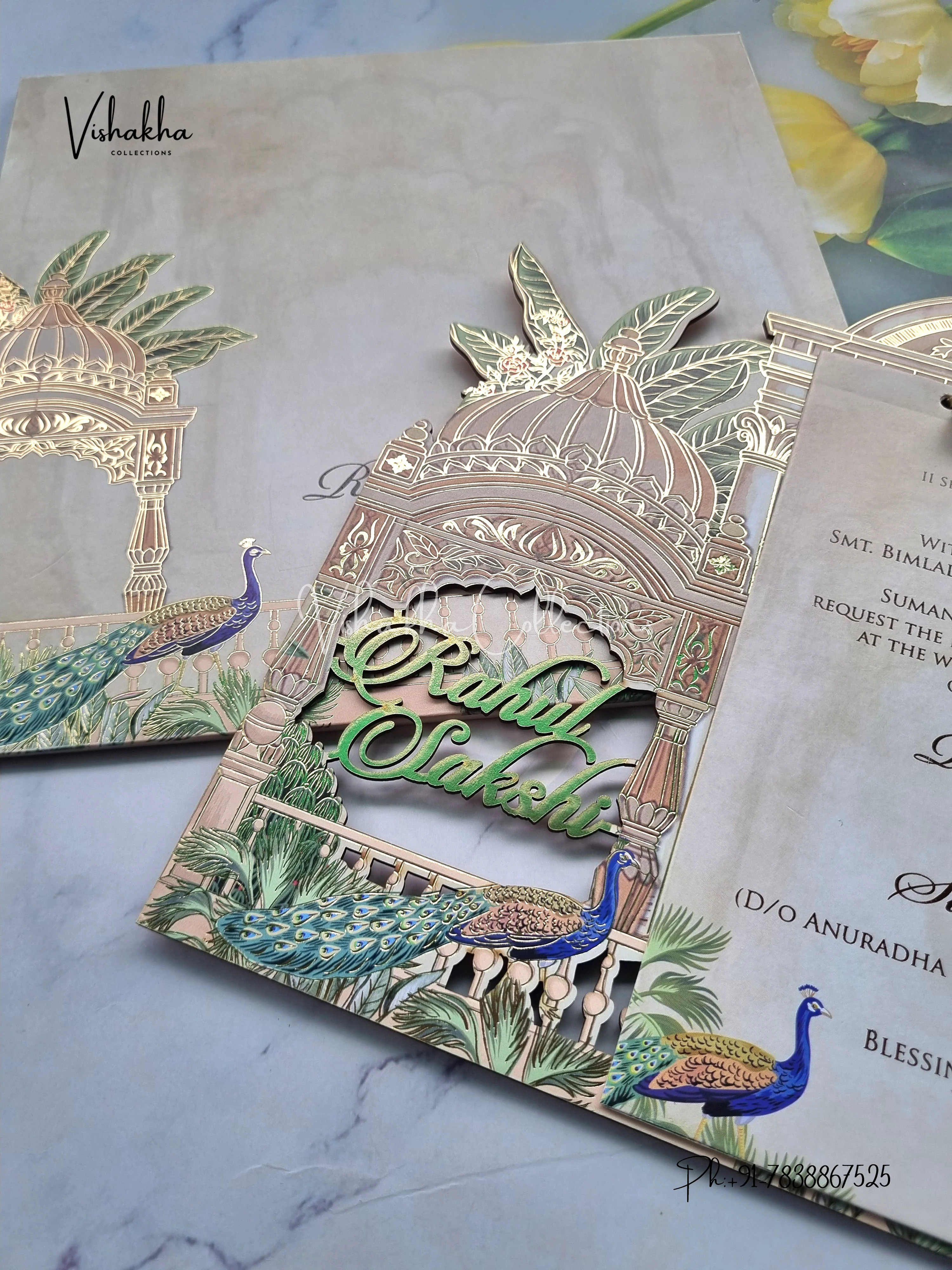 Peacock Semi Box Hindu Muslim Christian Sikh Named MDF Laser Cut light yellow Colored invitation Cards SK-3475 - Image 2