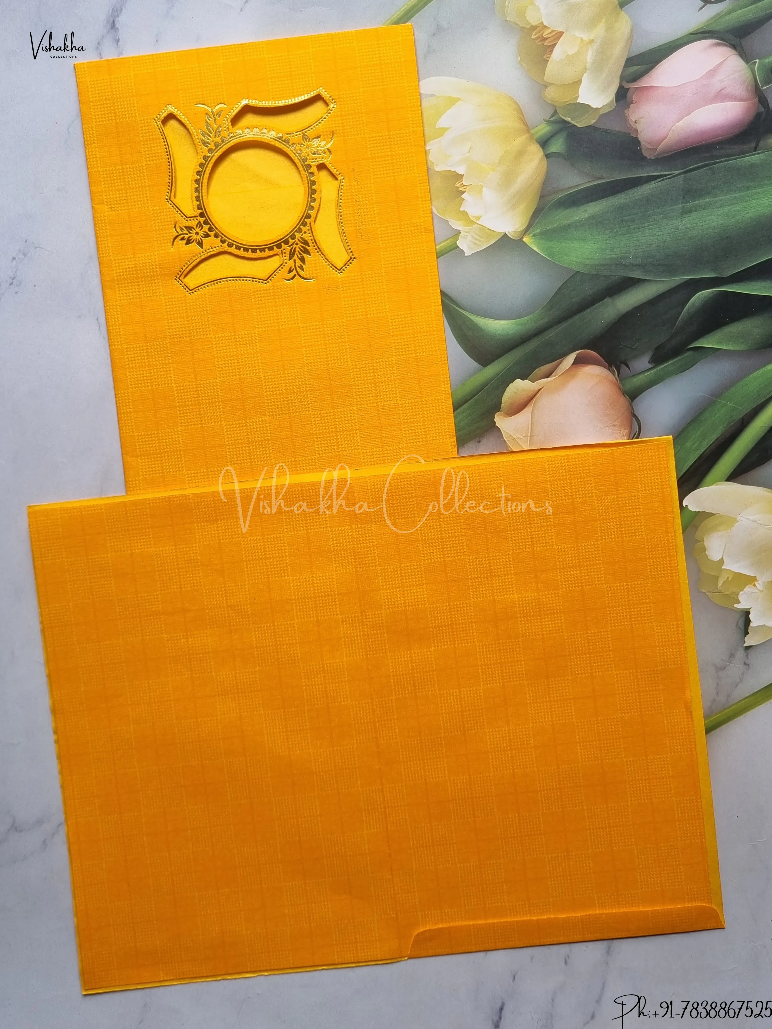 Radha Krishna Ganesh Ji Hindu Yellow Colored wedding invitation Cards GS-18 - Image 2