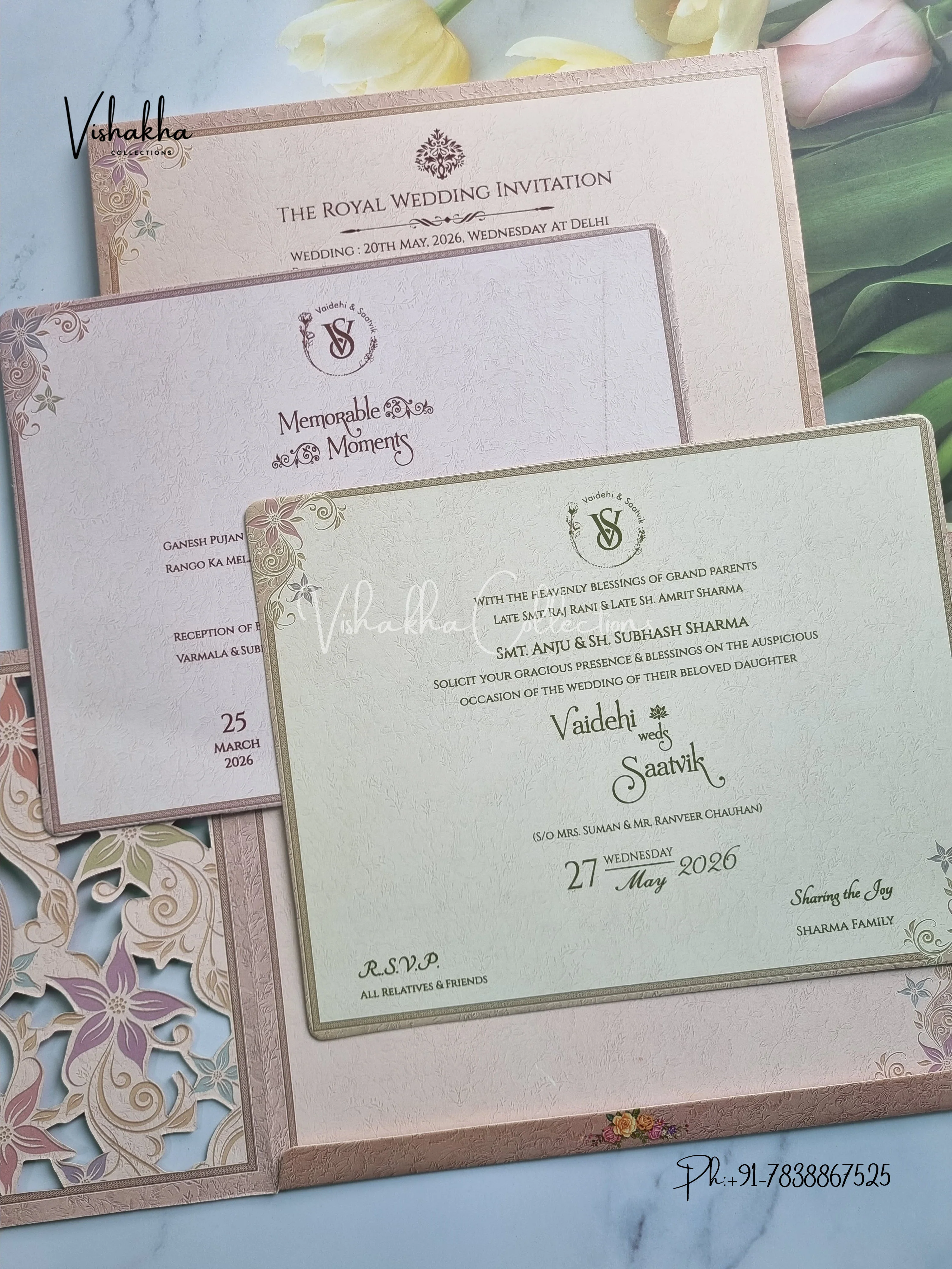 Semi Box Flower Double Door Hindu Muslim Christian Sikh invitation Cards CR-8031 - Image 3