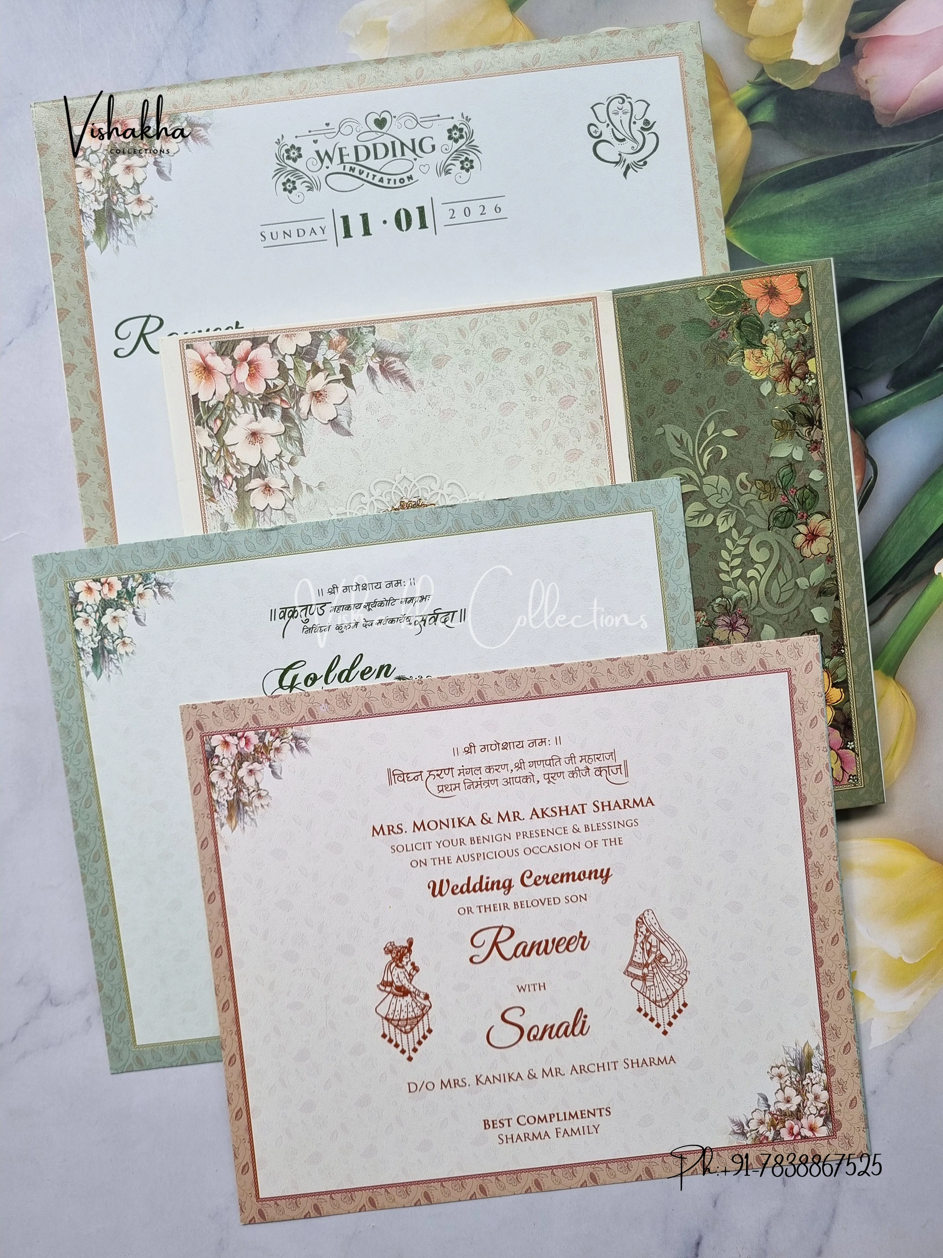 Semi Box Flower Double Door Hindu Muslim Christian Sikh Patel Green Colored invitation Cards NA-1125-121 - Image 3