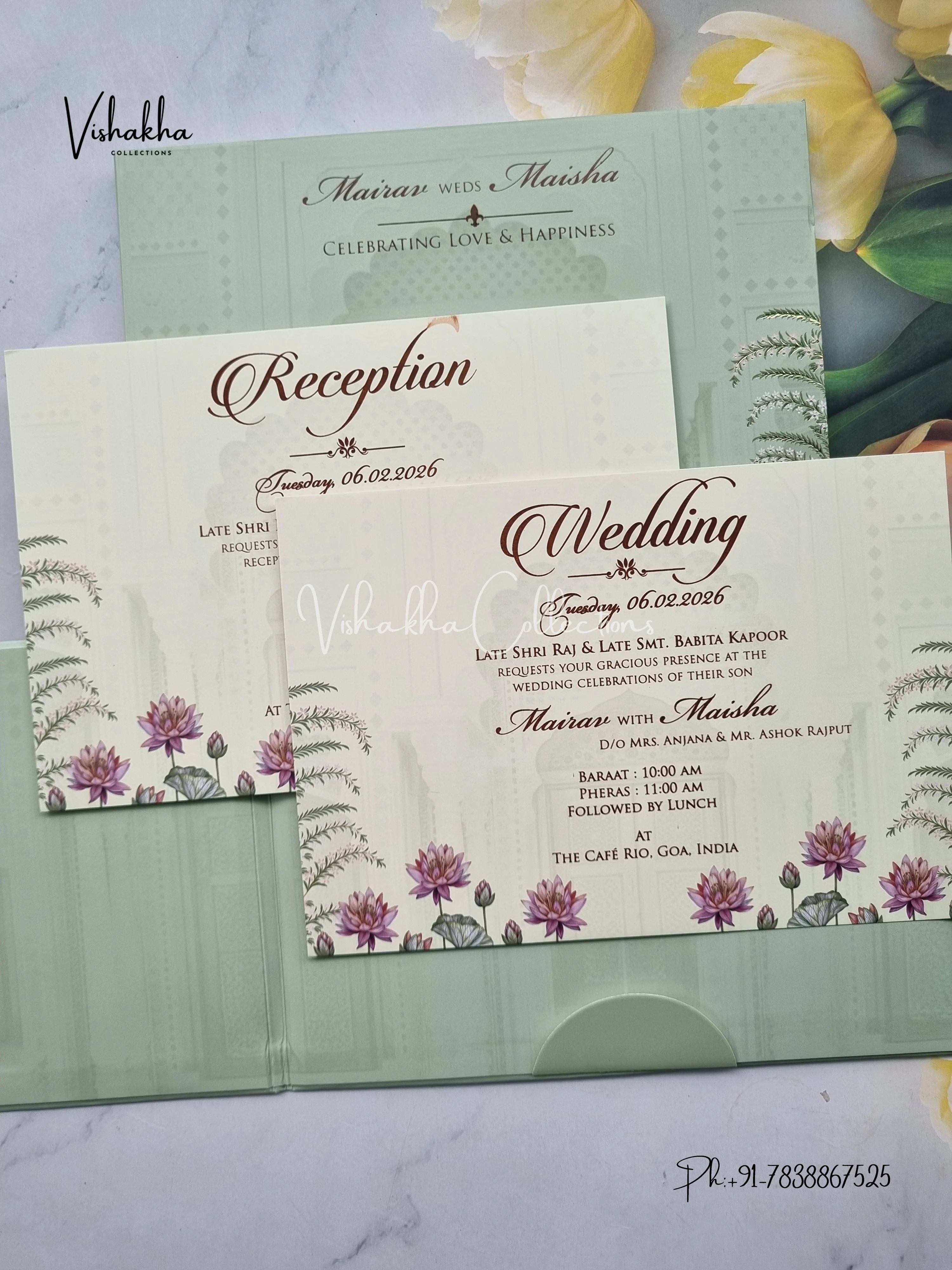 Semi Box Flower Double Door Hindu Muslim Christian Sikh pista green Colored invitation Cards SK-3510 - Image 3