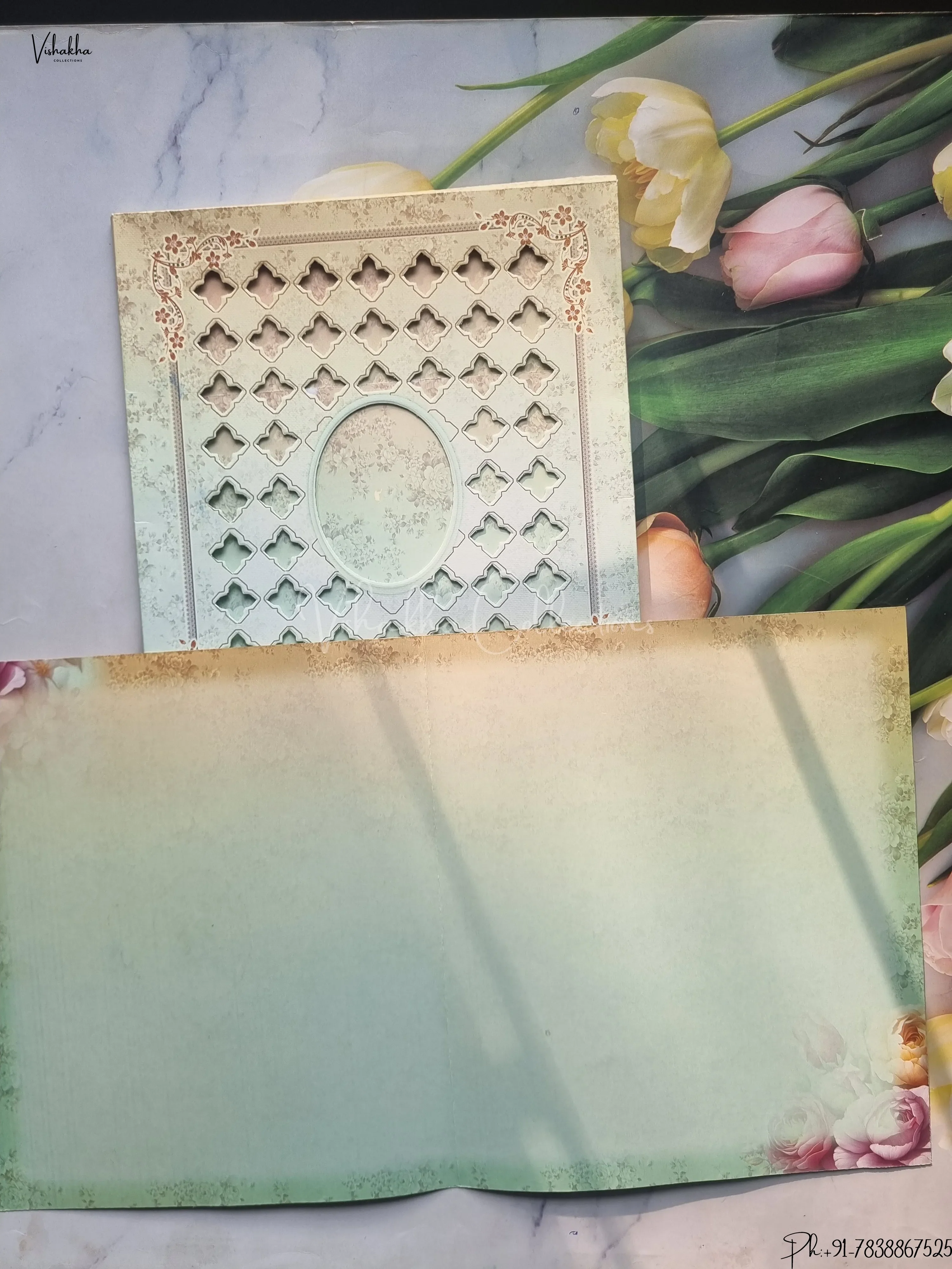 Semi Box Flower Hindu Muslim Christian Jain Sikh Pista Green Colored wedding invitation Cards GS-4834 - Image 2