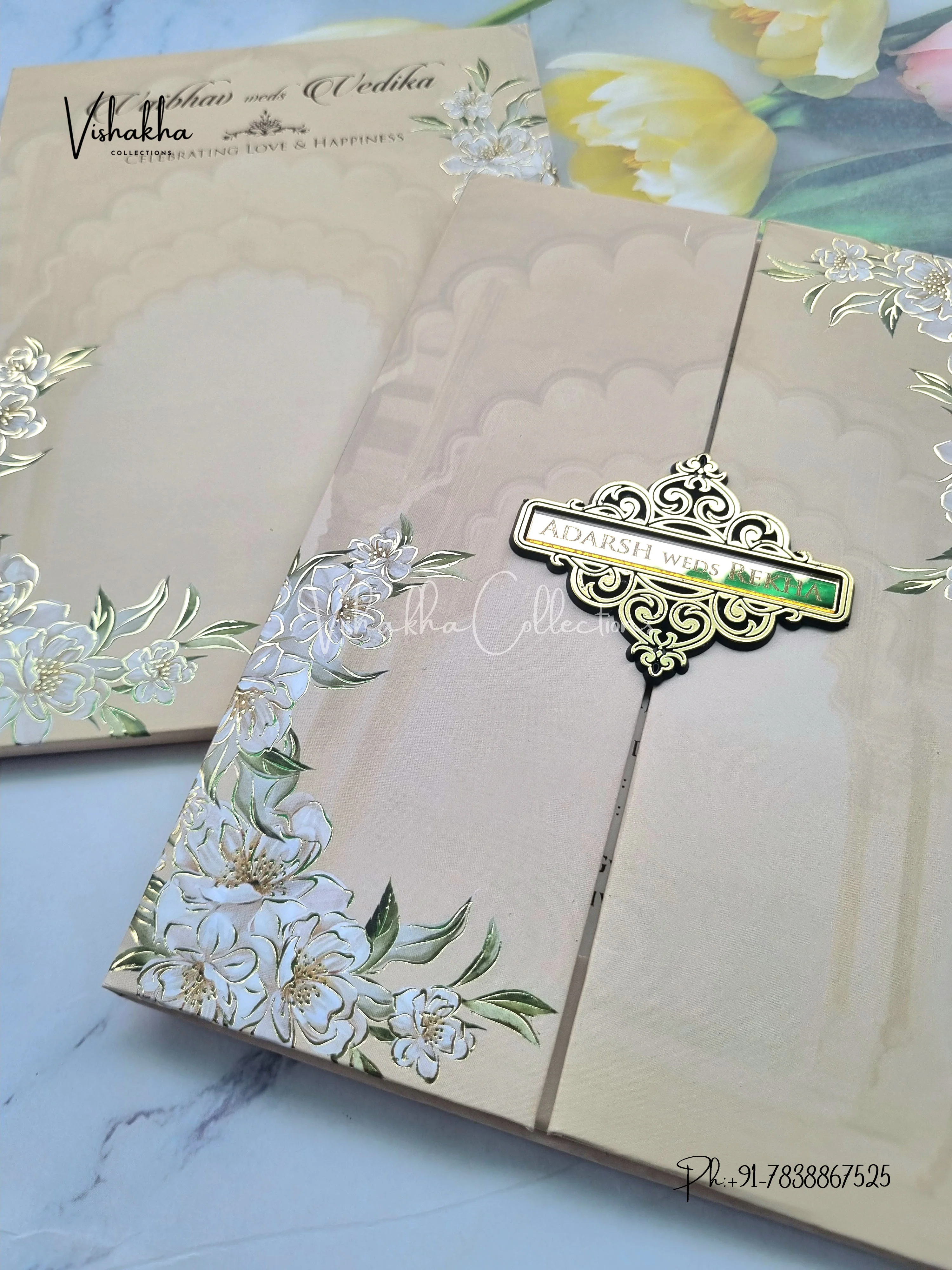 Semi Box Flower Hindu Muslim Christian Sikh biege Colored invitation Cards SK-3373 - Image 2