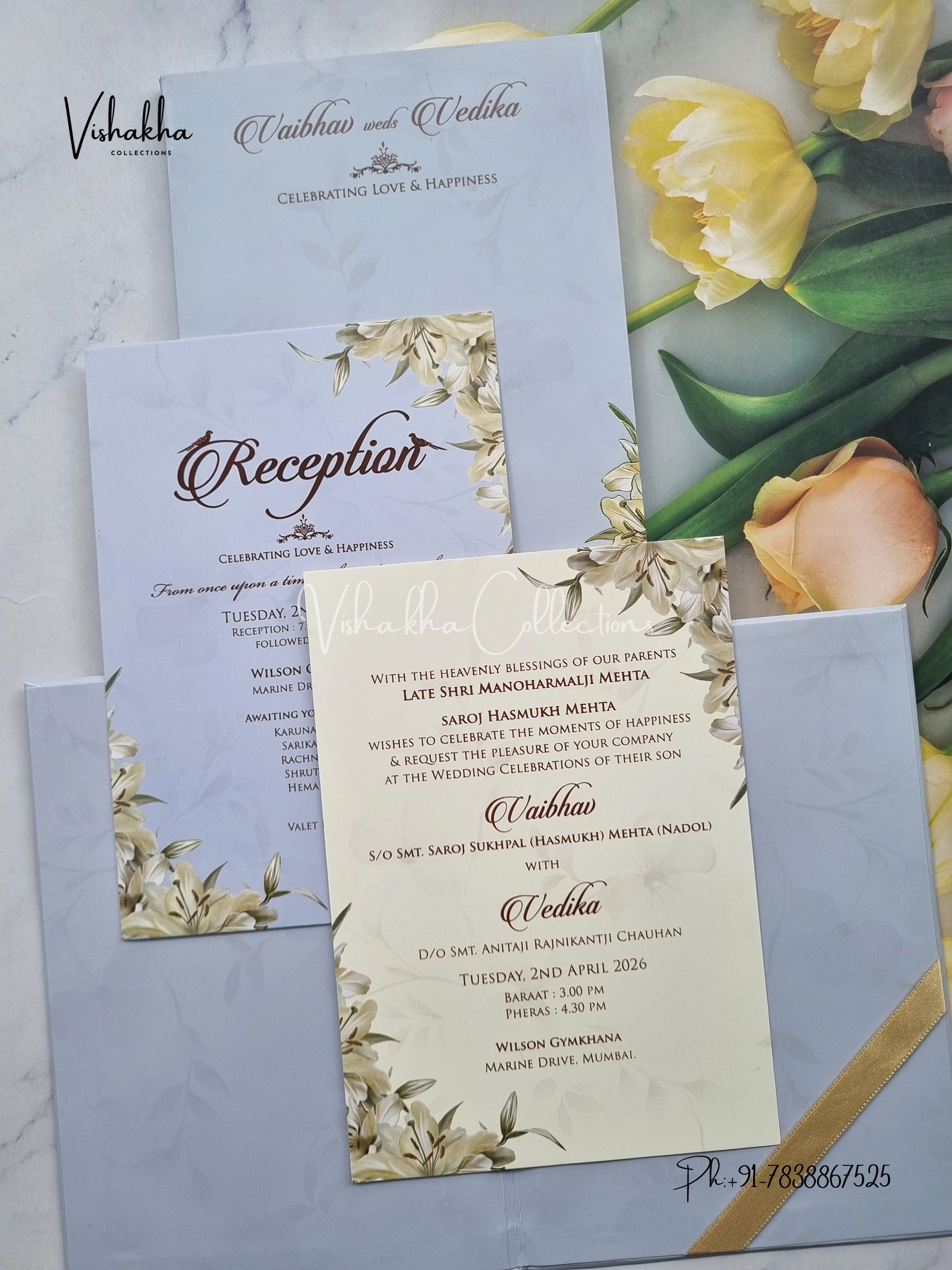 Semi Box Flower Hindu Muslim Christian Sikh grey Colored invitation Cards SK-3515 - Image 3