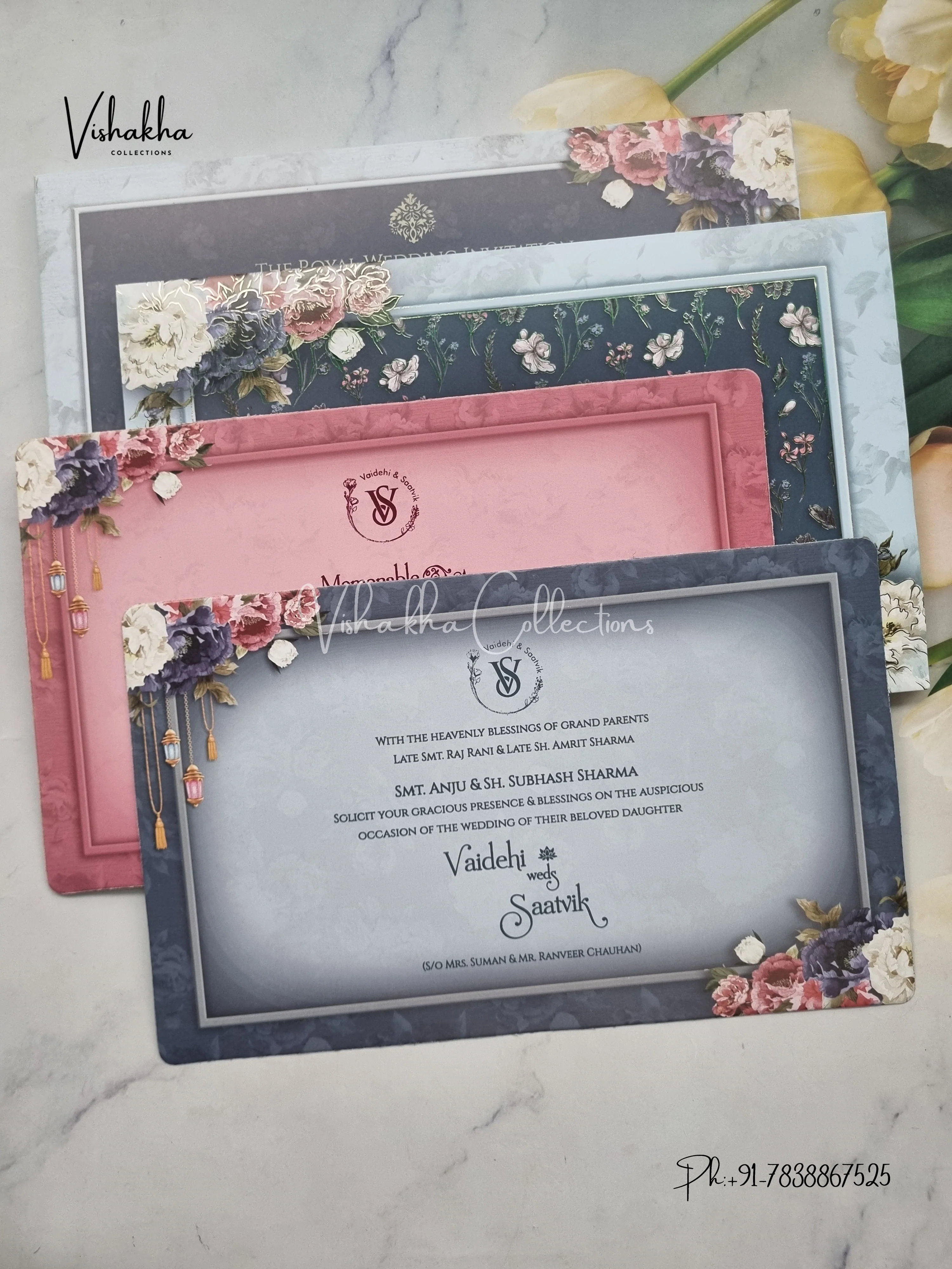 Semi Box Flower Hindu Muslim Christian Sikh invitation Cards CR-7070 - Image 3