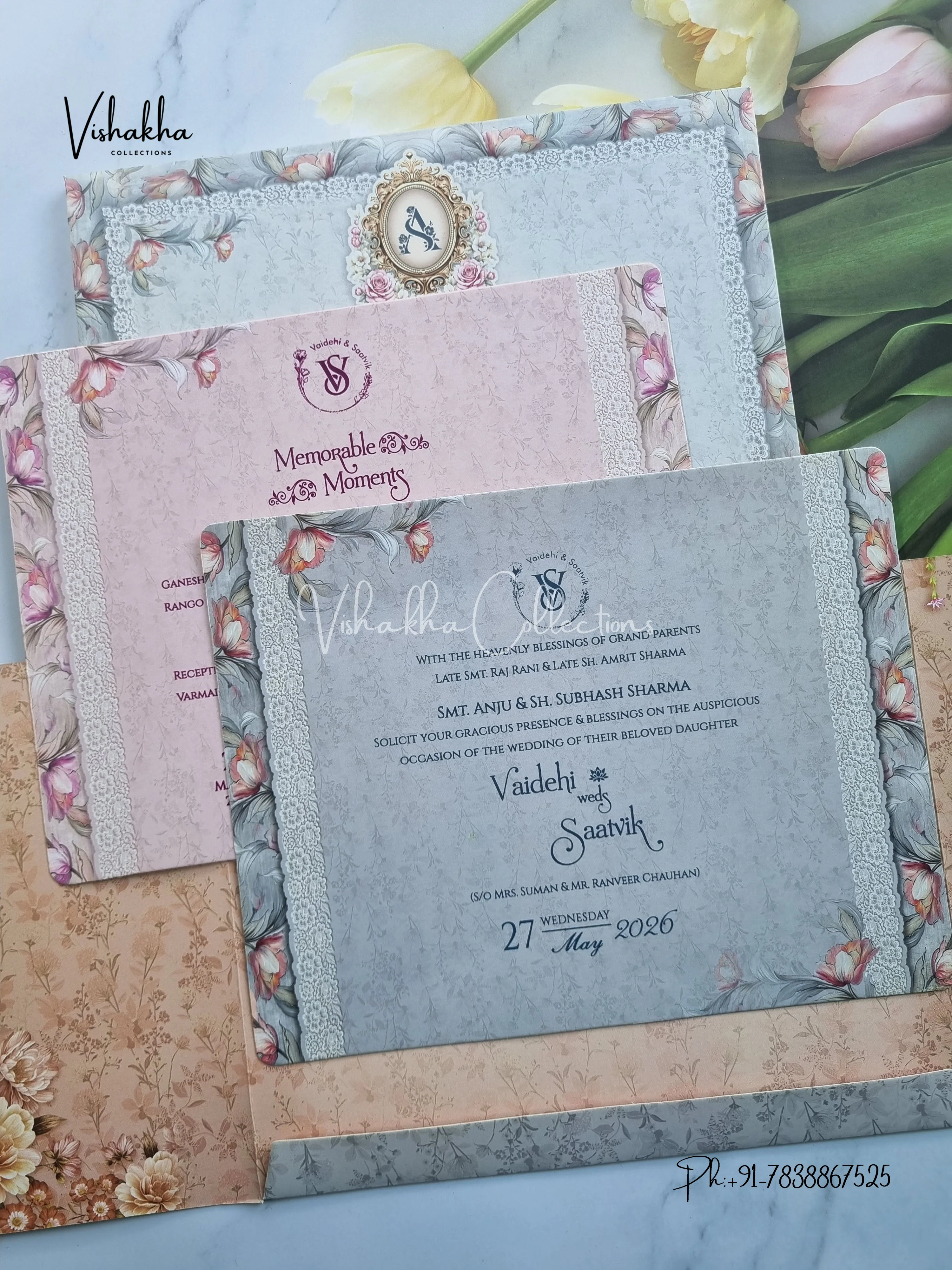 Semi Box Flower Hindu Muslim Christian Sikh invitation Cards CR-8034 - Image 3