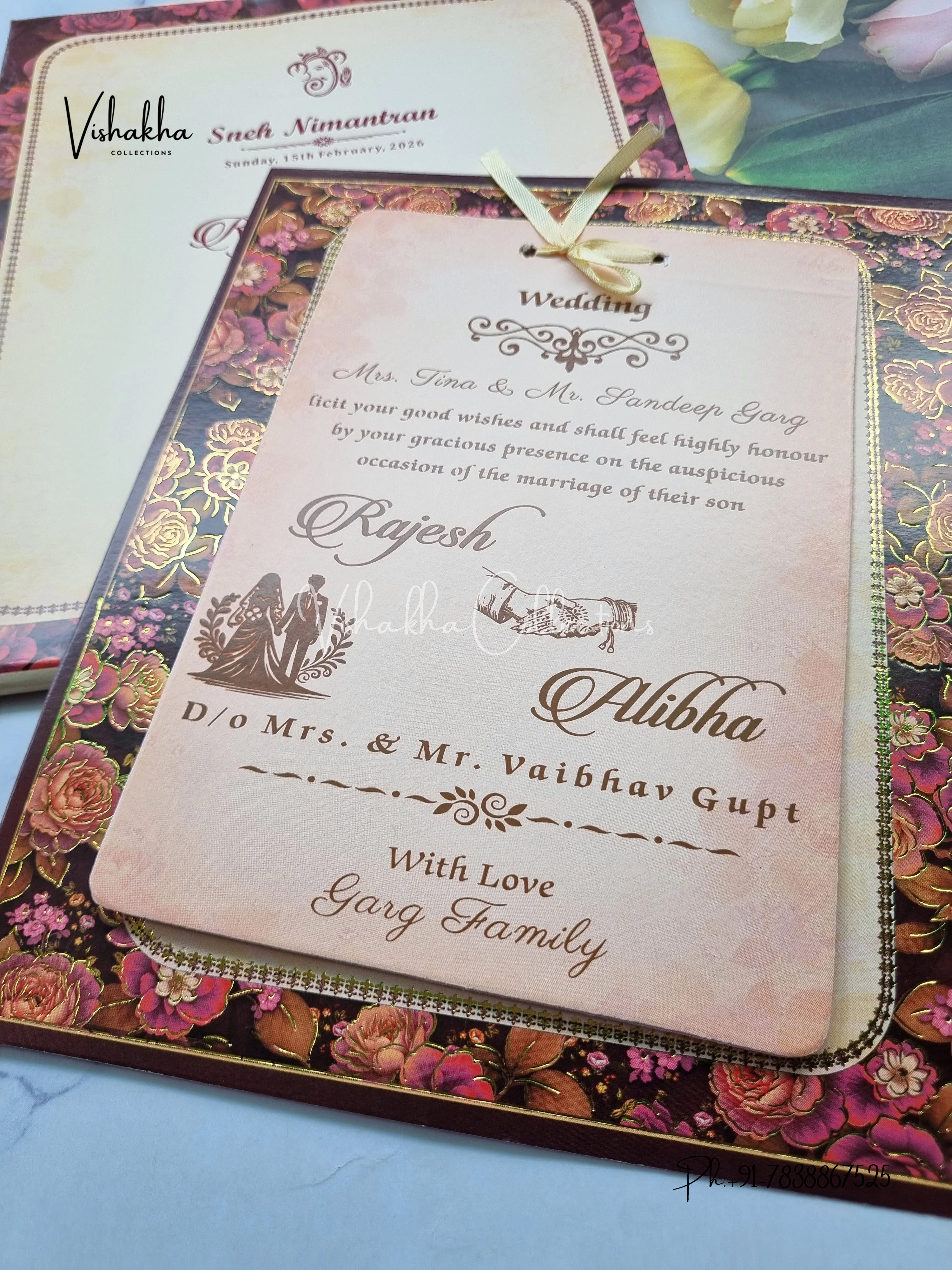 Semi Box Flower Hindu Muslim Christian Sikh Light Yellow Brown Colored invitation Cards NA-1125-53 - Image 2