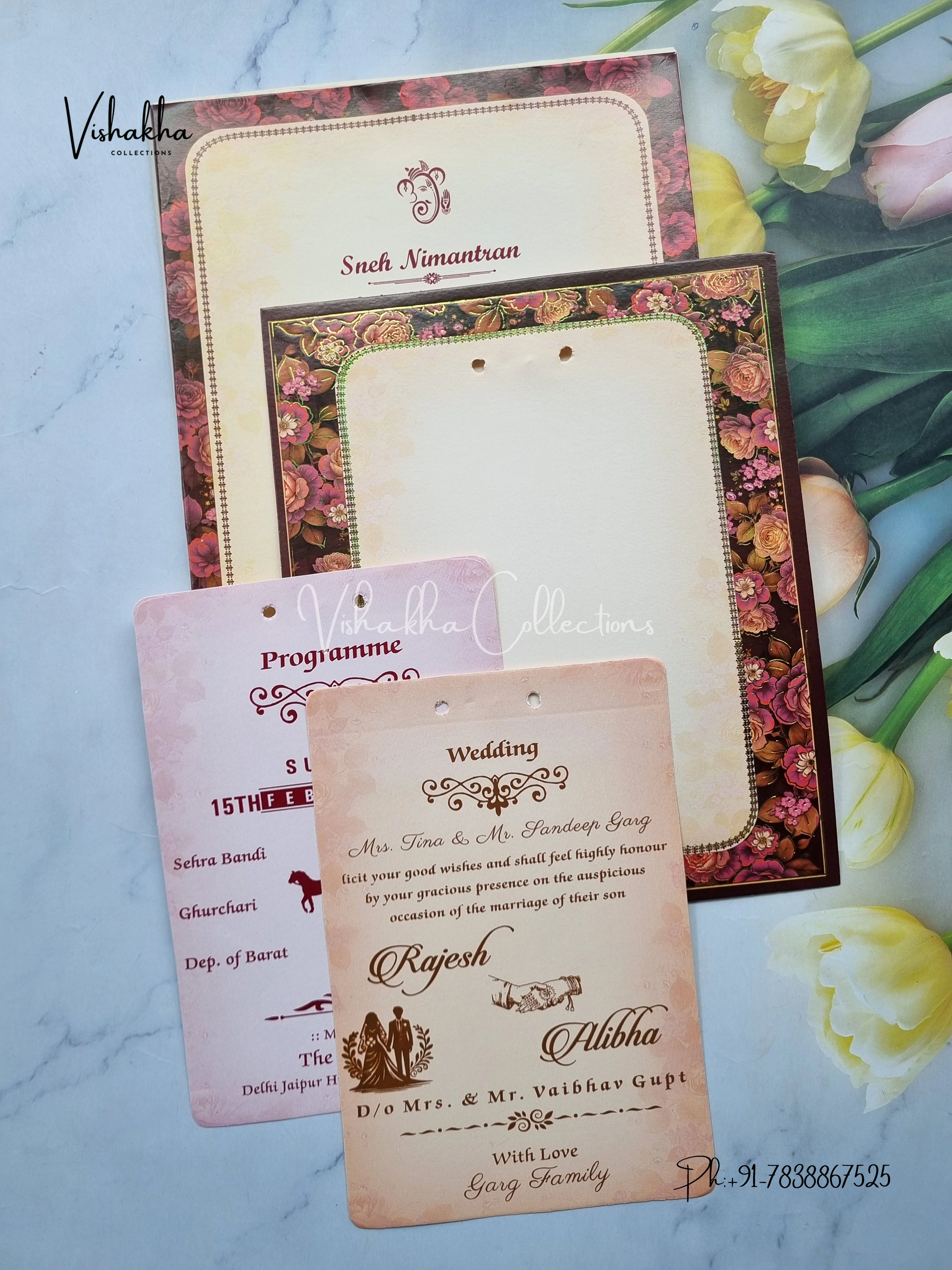 Semi Box Flower Hindu Muslim Christian Sikh Light Yellow Brown Colored invitation Cards NA-1125-53 - Image 3