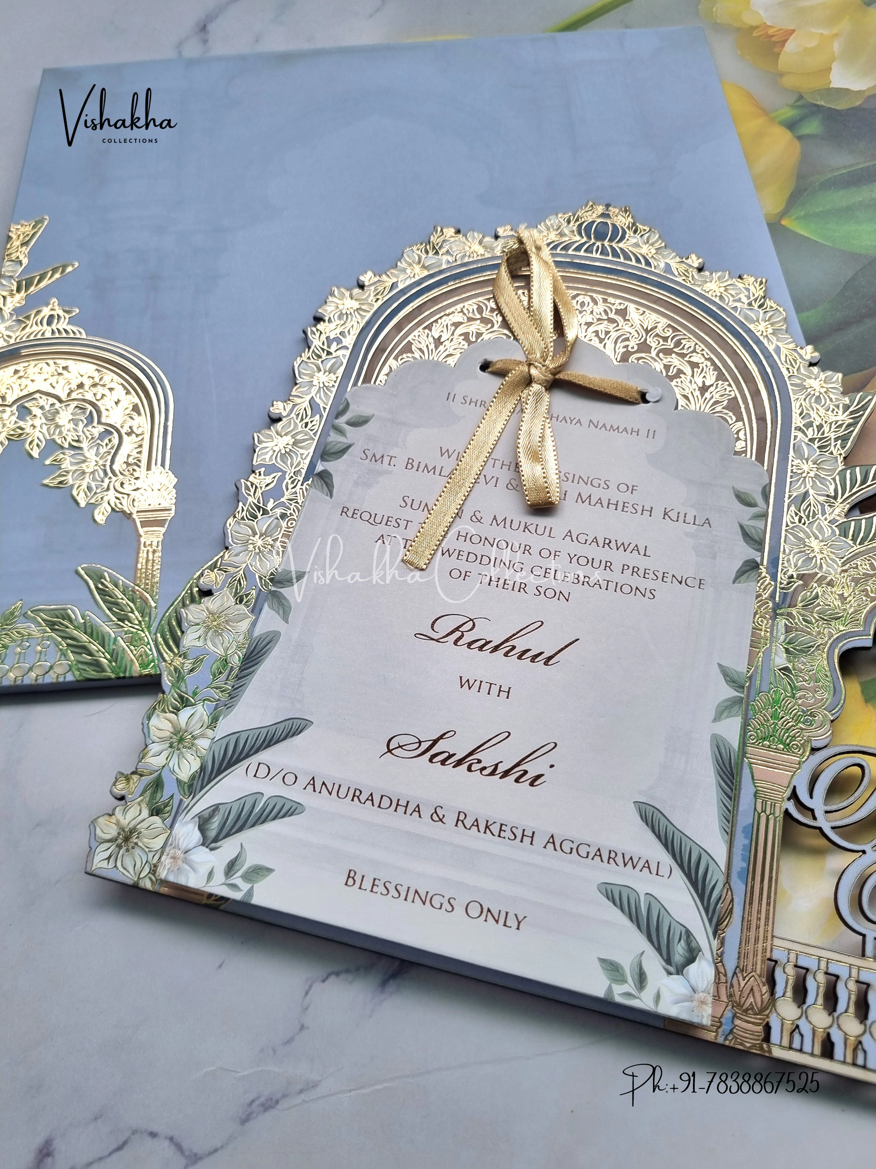 Semi Box Flower Hindu Muslim Christian Sikh Named MDF Laser Cut blue Colored invitation Cards SK-3477 - Image 2