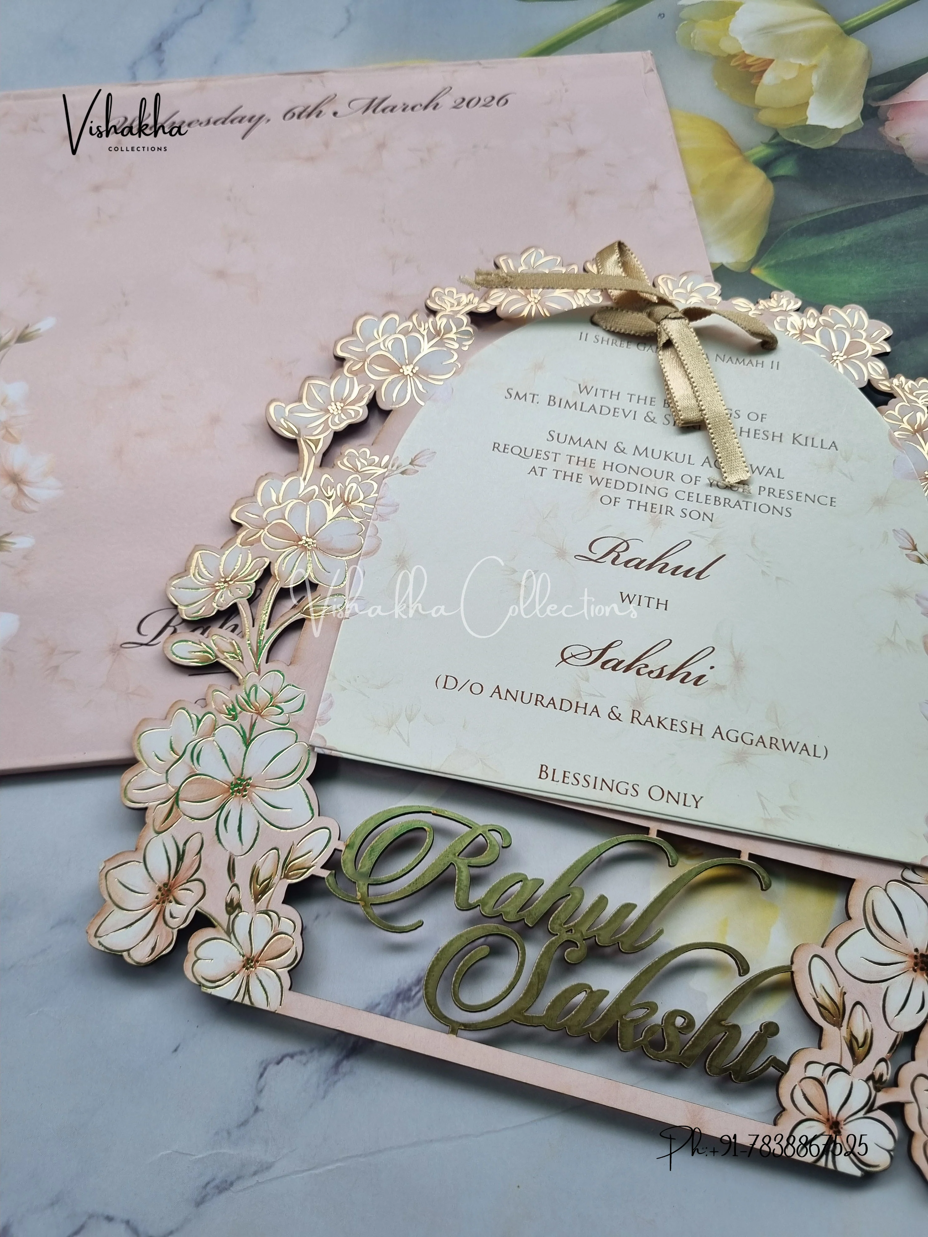 Semi Box Flower Hindu Muslim Christian Sikh Named MDF Laser Cut light pink Colored invitation Cards SK-3359 - Image 2