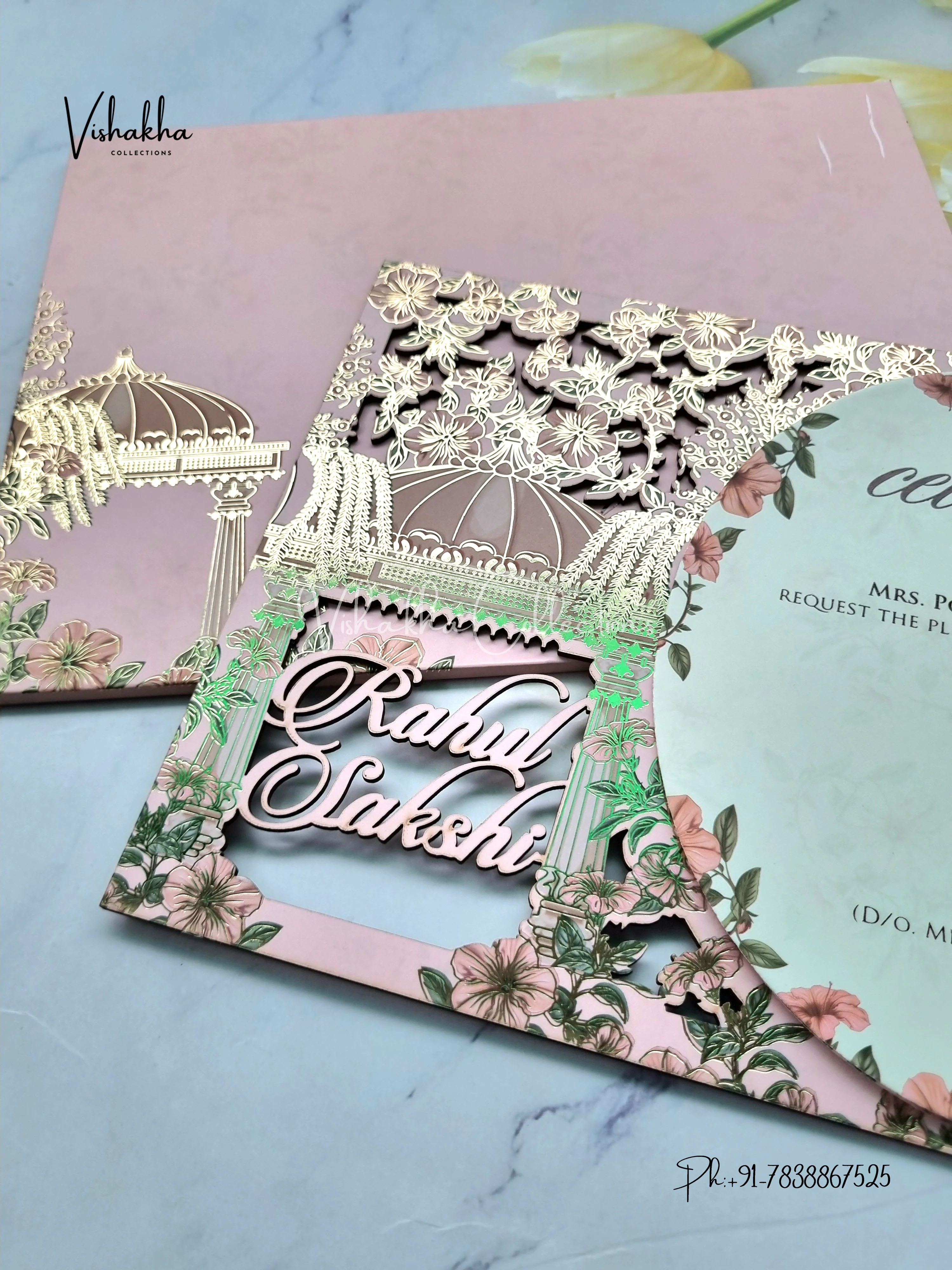 Semi Box Flower Hindu Muslim Christian Sikh Named MDF Laser Cut Pink Colored invitation Cards SK-3474 - Image 2