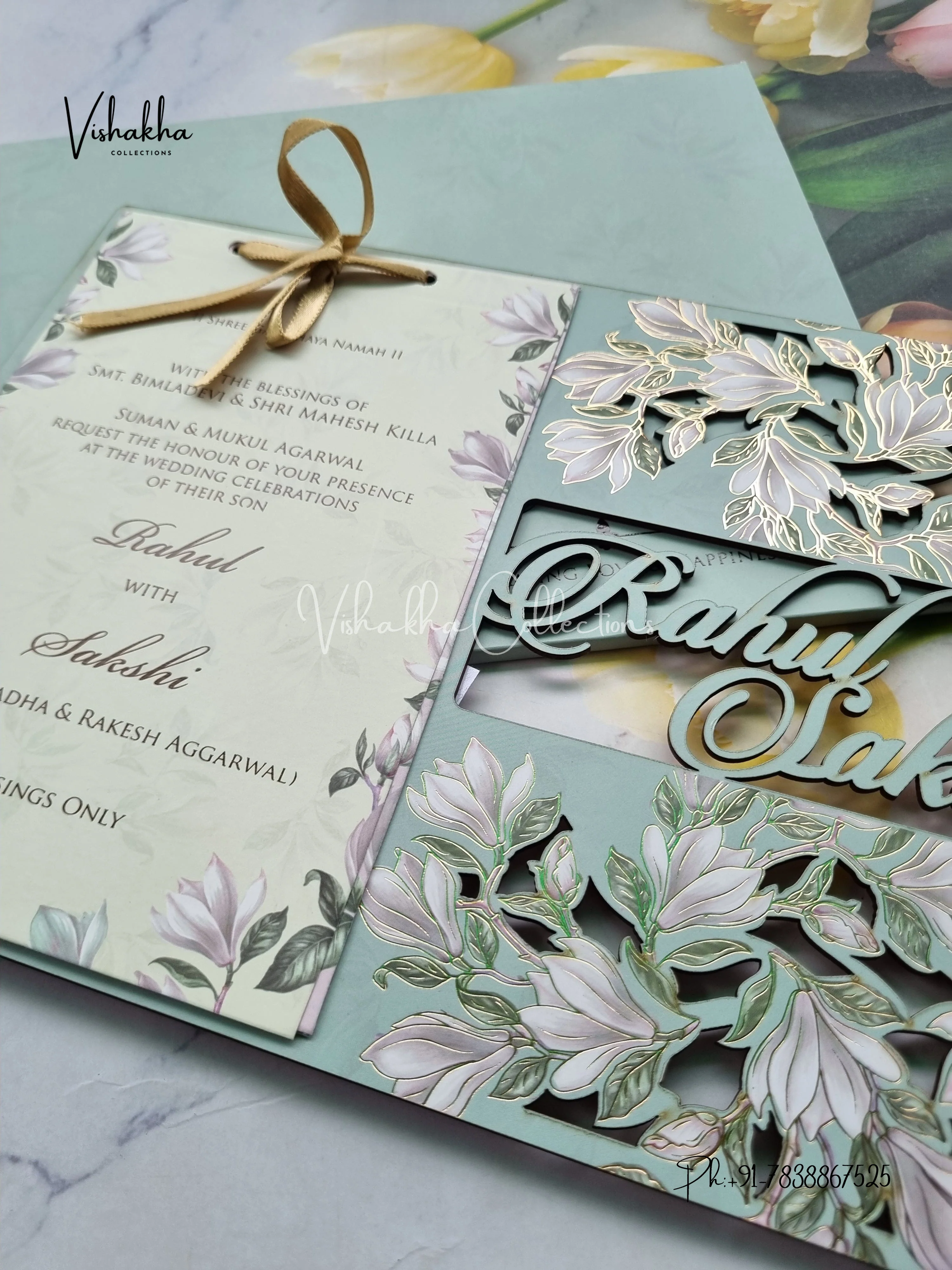 Semi Box Flower Hindu Muslim Christian Sikh Named MDF Laser Cut pista green Colored invitation Cards SK-3478 - Image 2