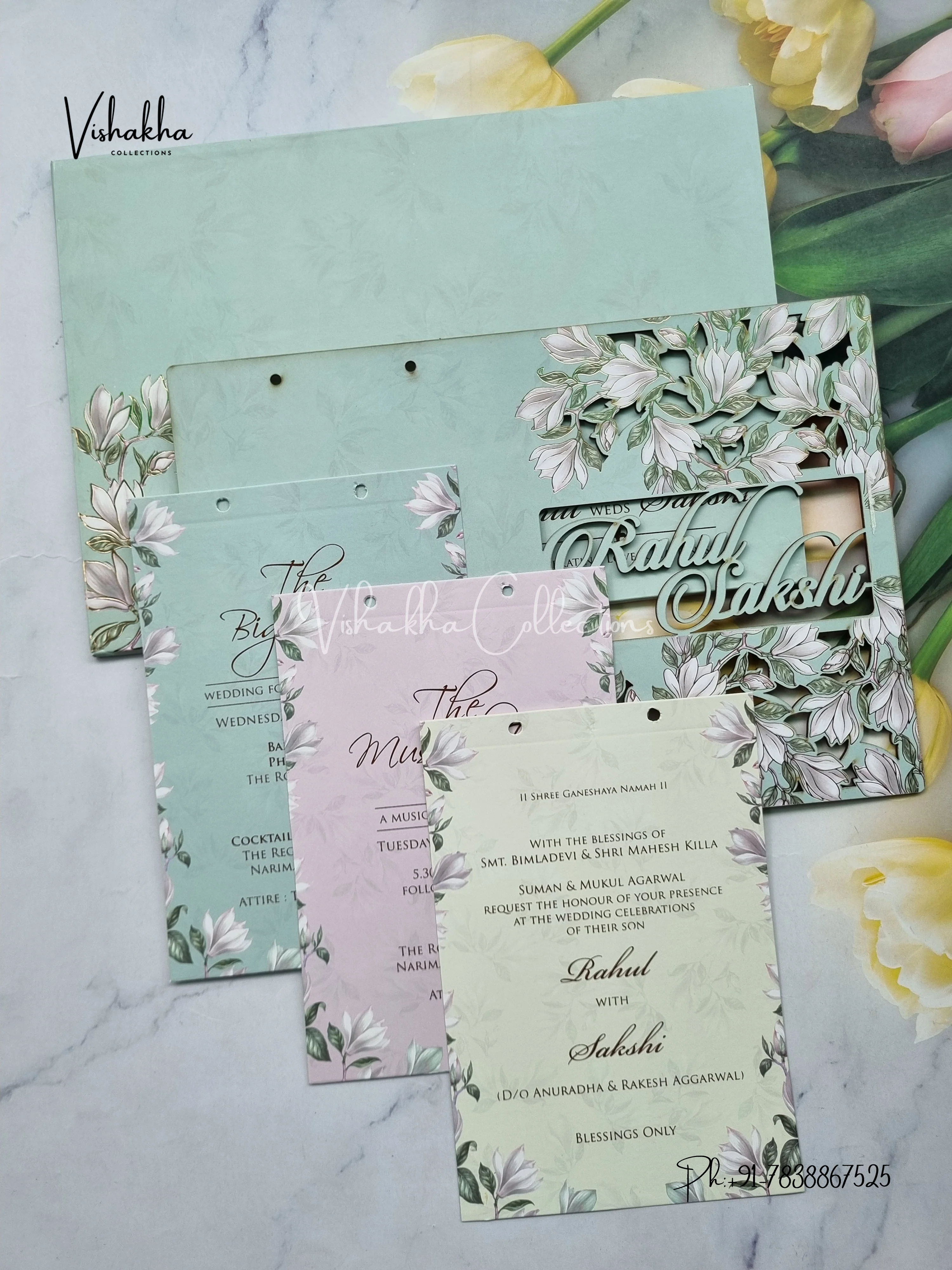 Semi Box Flower Hindu Muslim Christian Sikh Named MDF Laser Cut pista green Colored invitation Cards SK-3478 - Image 3