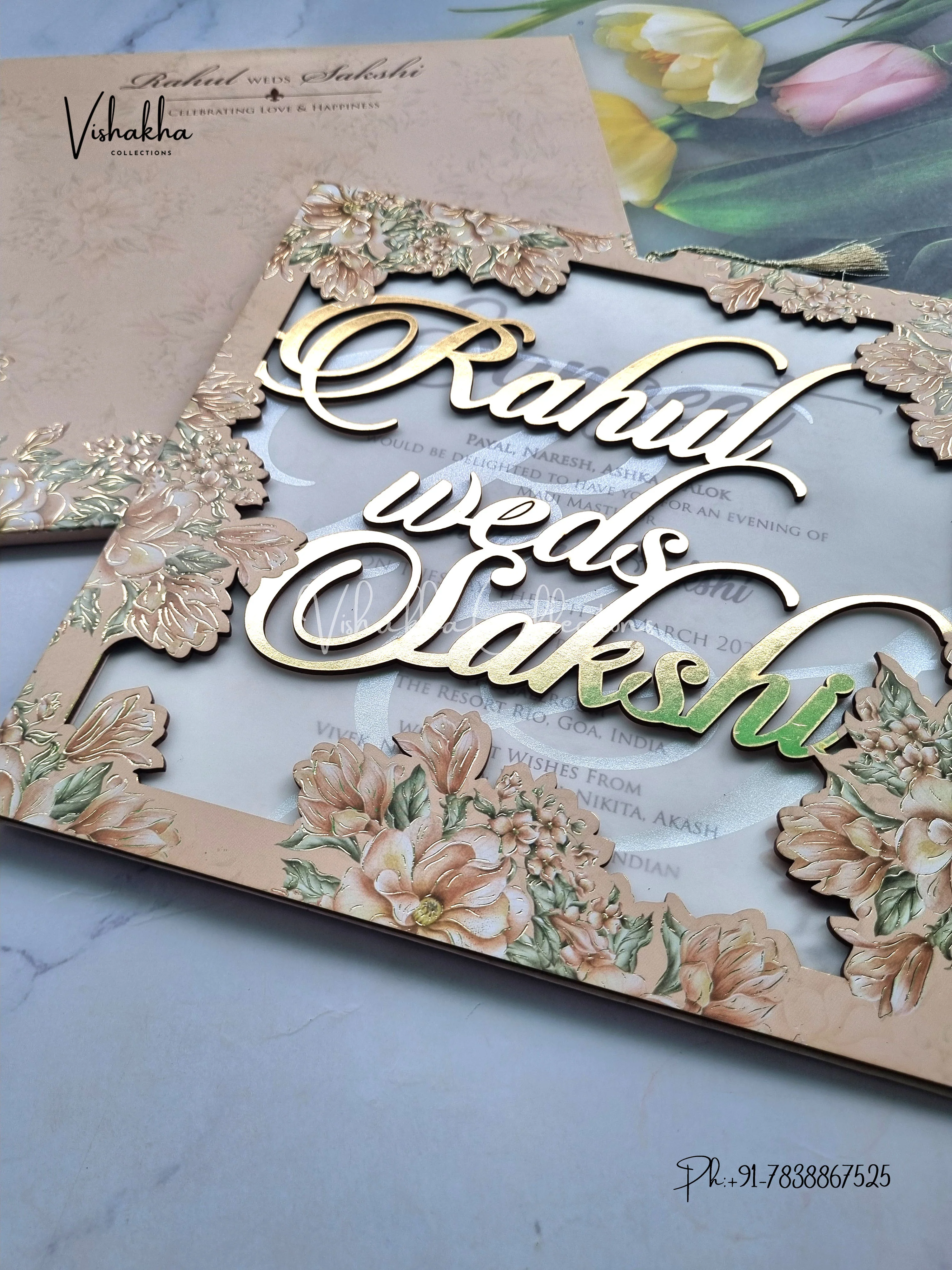 Semi Box Flower Hindu Muslim Christian Sikh Named MDF Laser Cut Vellum Paper muddy Colored invitation Cards SK-3367 - Image 2