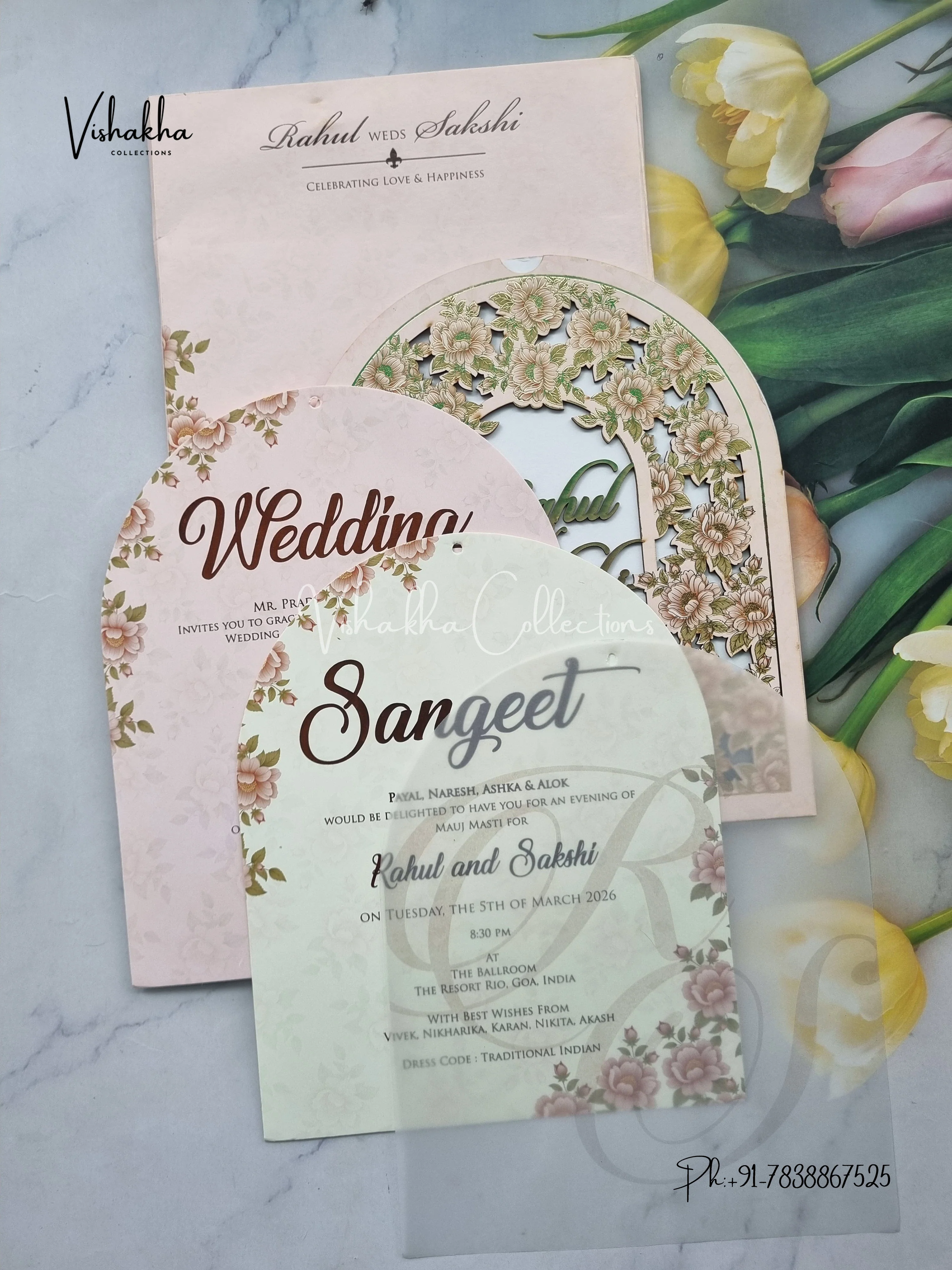 Semi Box Flower Hindu Muslim Christian Sikh Named MDF Laser Cut Vellum Paper pink Colored invitation Cards SK-3470 - Image 3
