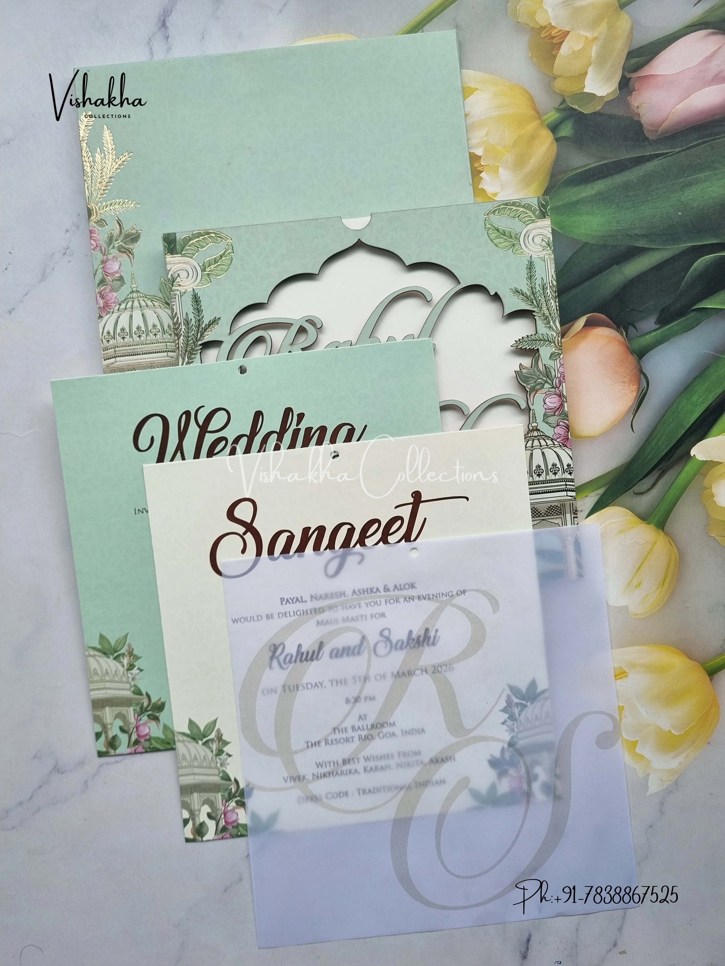 Semi Box Flower Hindu Muslim Christian Sikh Named MDF Laser Cut Vellum Paper pista green Colored invitation Cards SK-3479 - Image 3